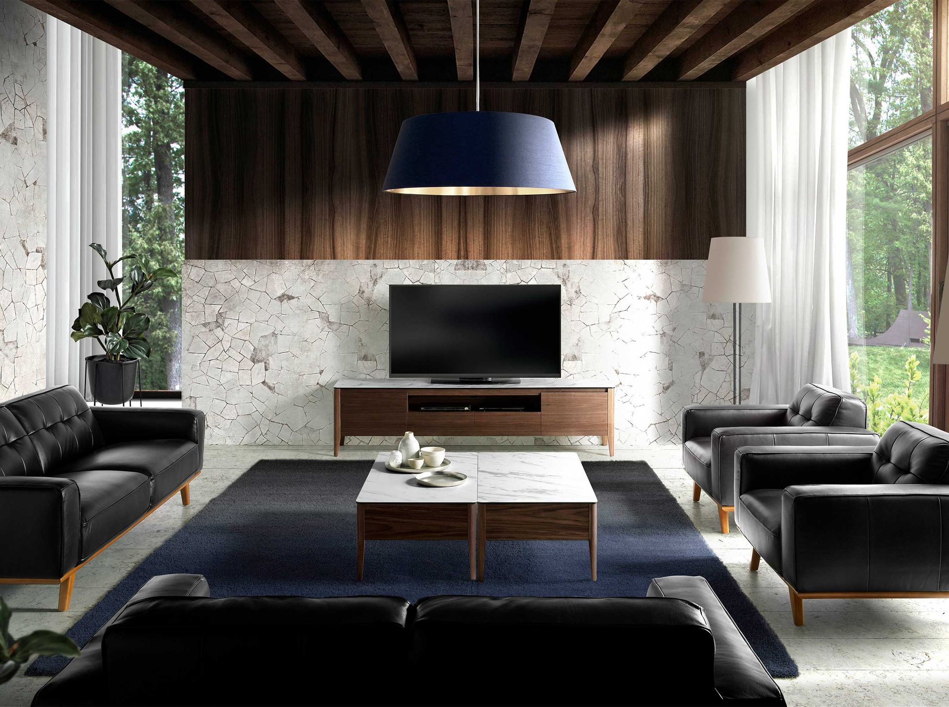 Mueble TV nogal con tapa de cristal imitación mármol - Imagen 4