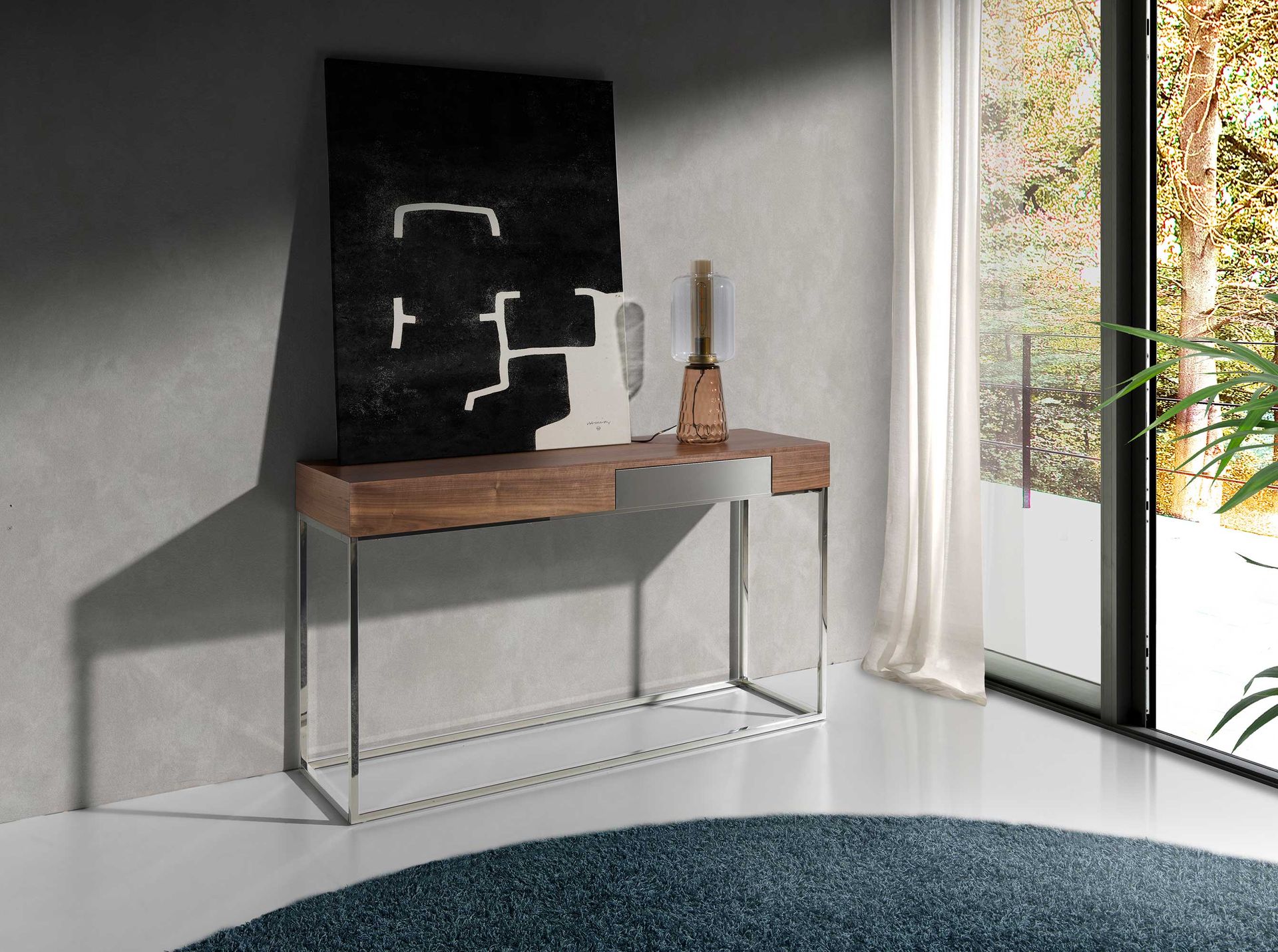 Consola rectangular nogal y acero cromado - Imagen 5