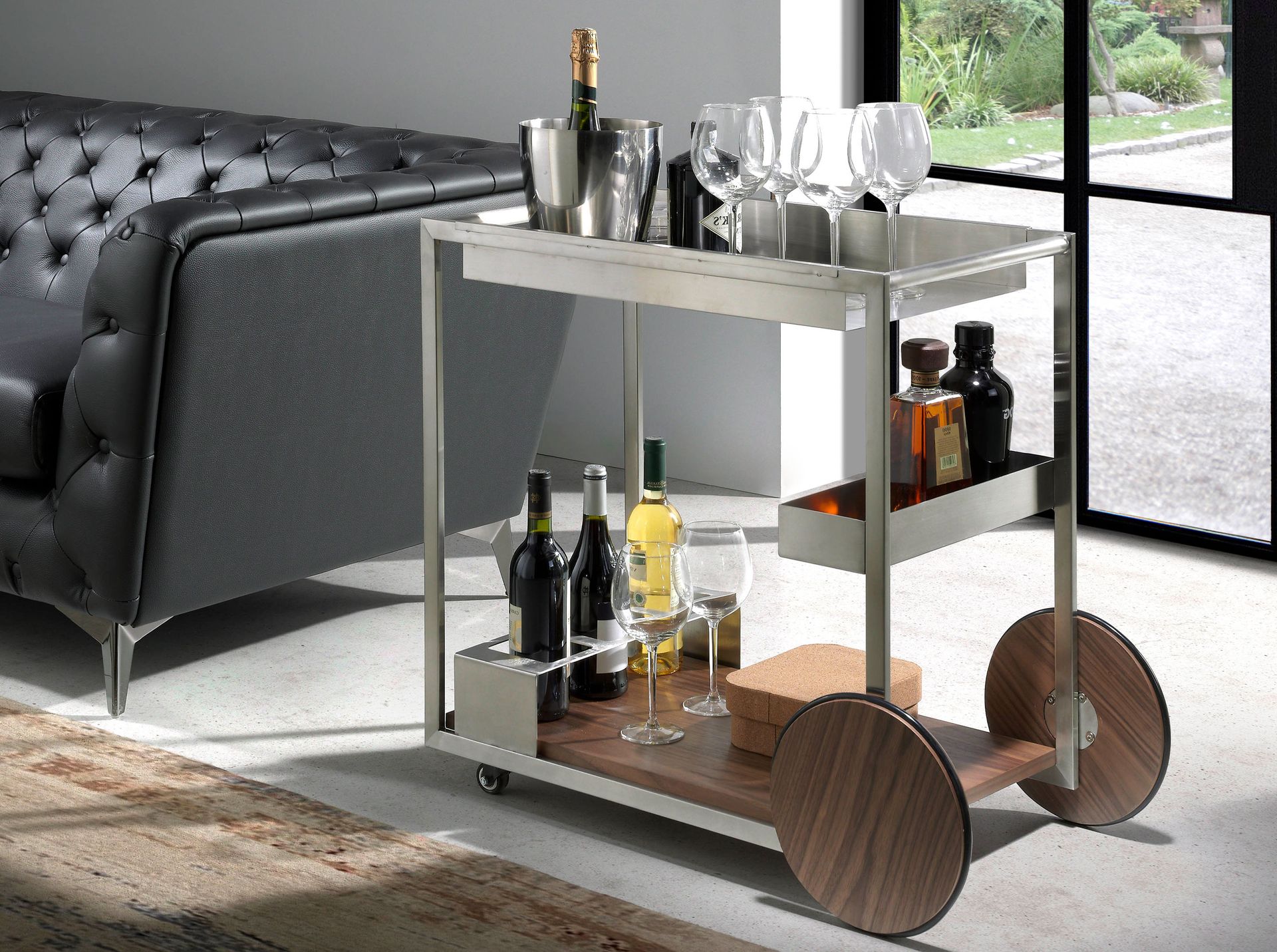 Carrito minibar acero y nogal - Imagen 3