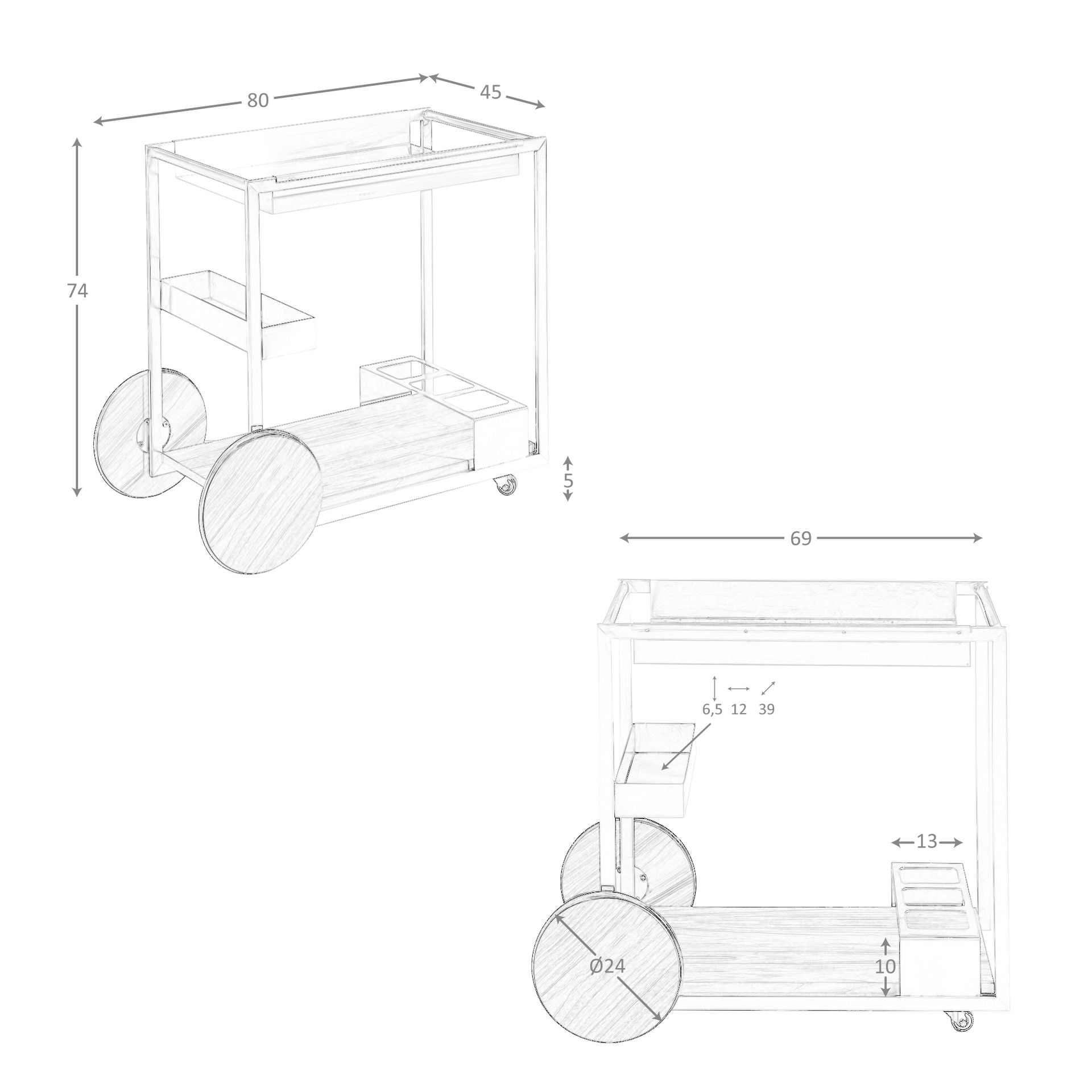 Carrito minibar acero y nogal - Imagen 7
