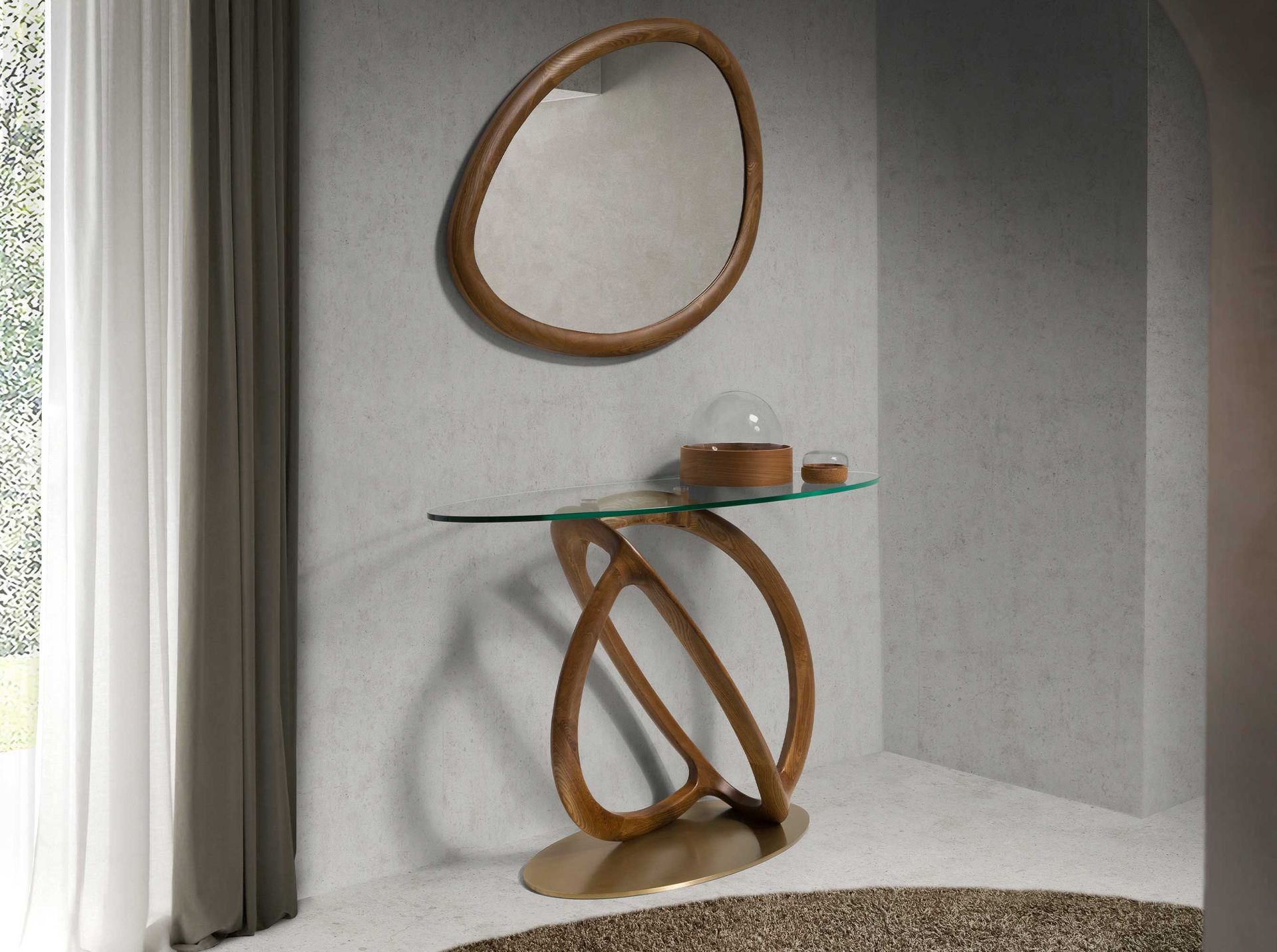 Consola ovalada cristal templado, nogal y acero pulido dorado - Imagen 3