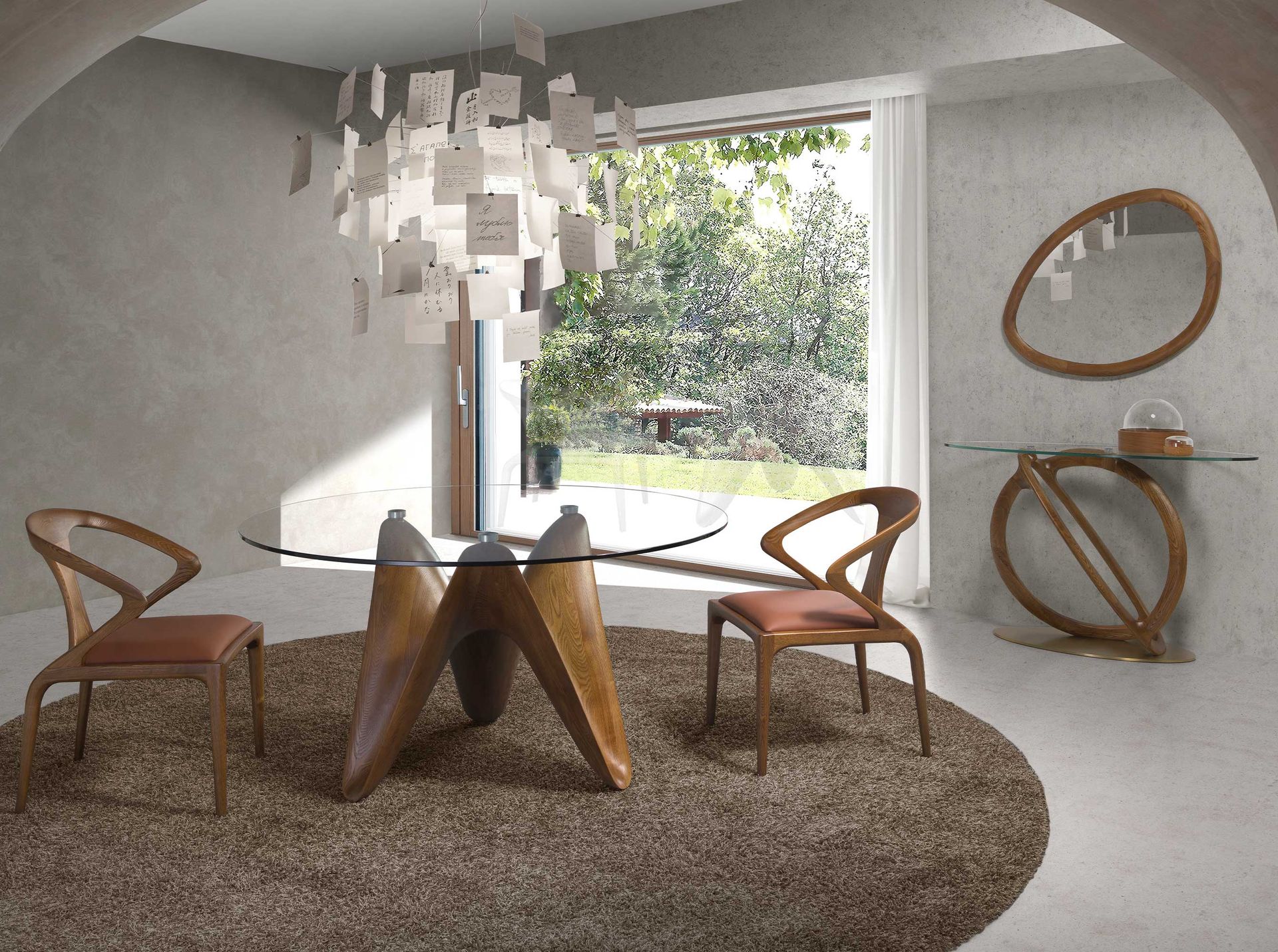 Consola ovalada cristal templado, nogal y acero pulido dorado - Imagen 4