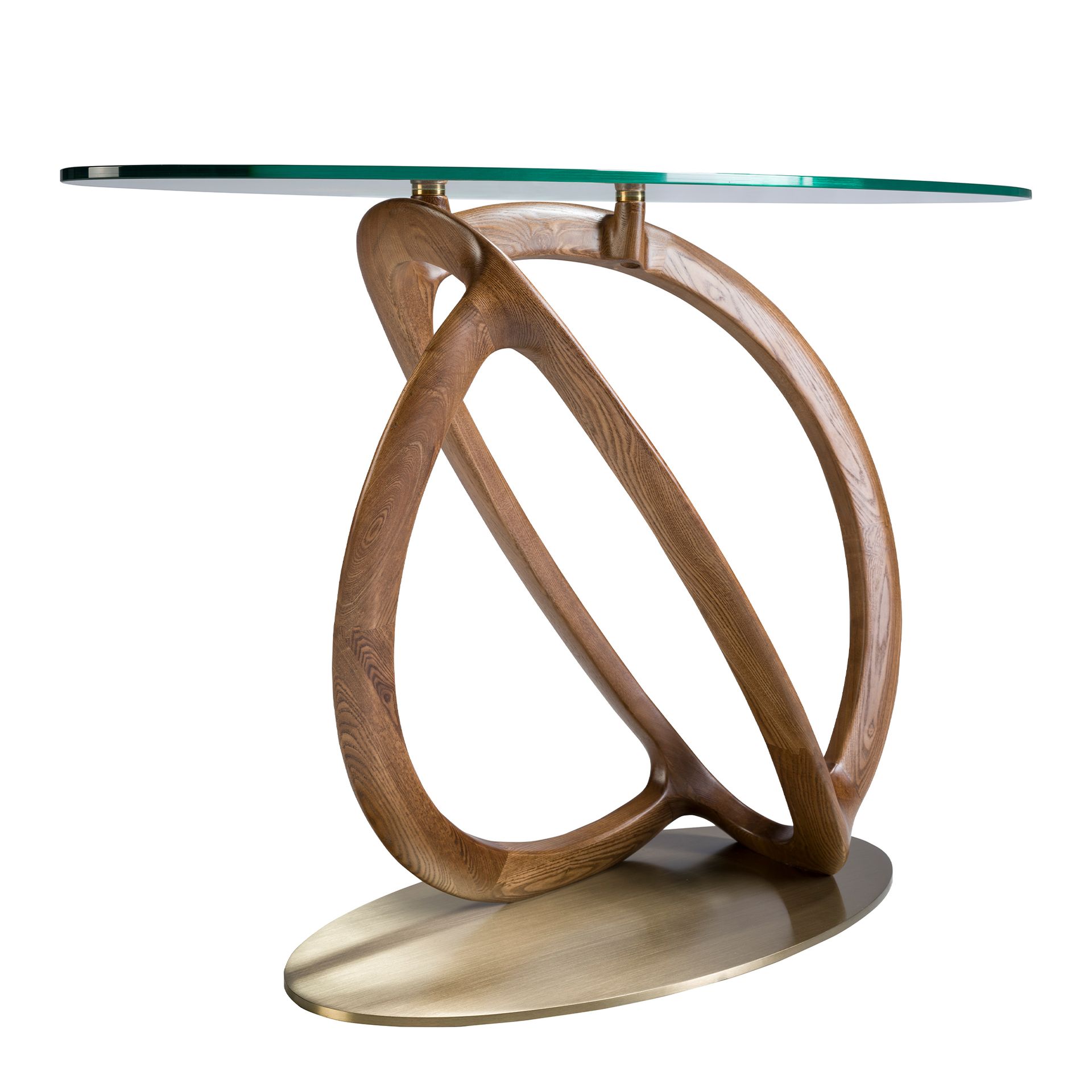 Consola ovalada cristal templado, nogal y acero pulido dorado - Imagen 5