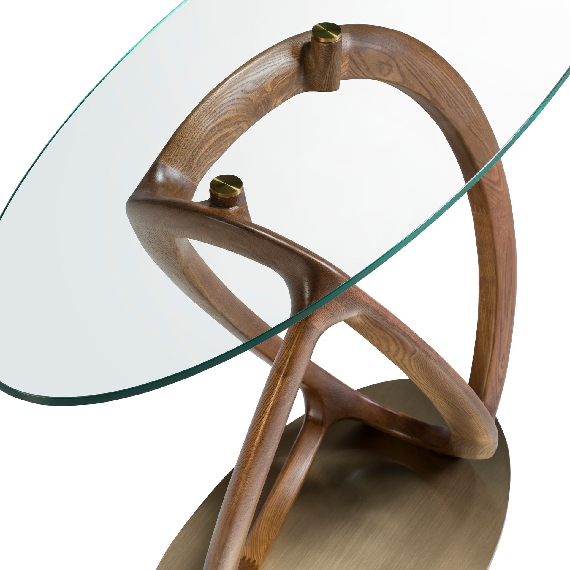 Consola ovalada cristal templado, nogal y acero pulido dorado - Imagen 6