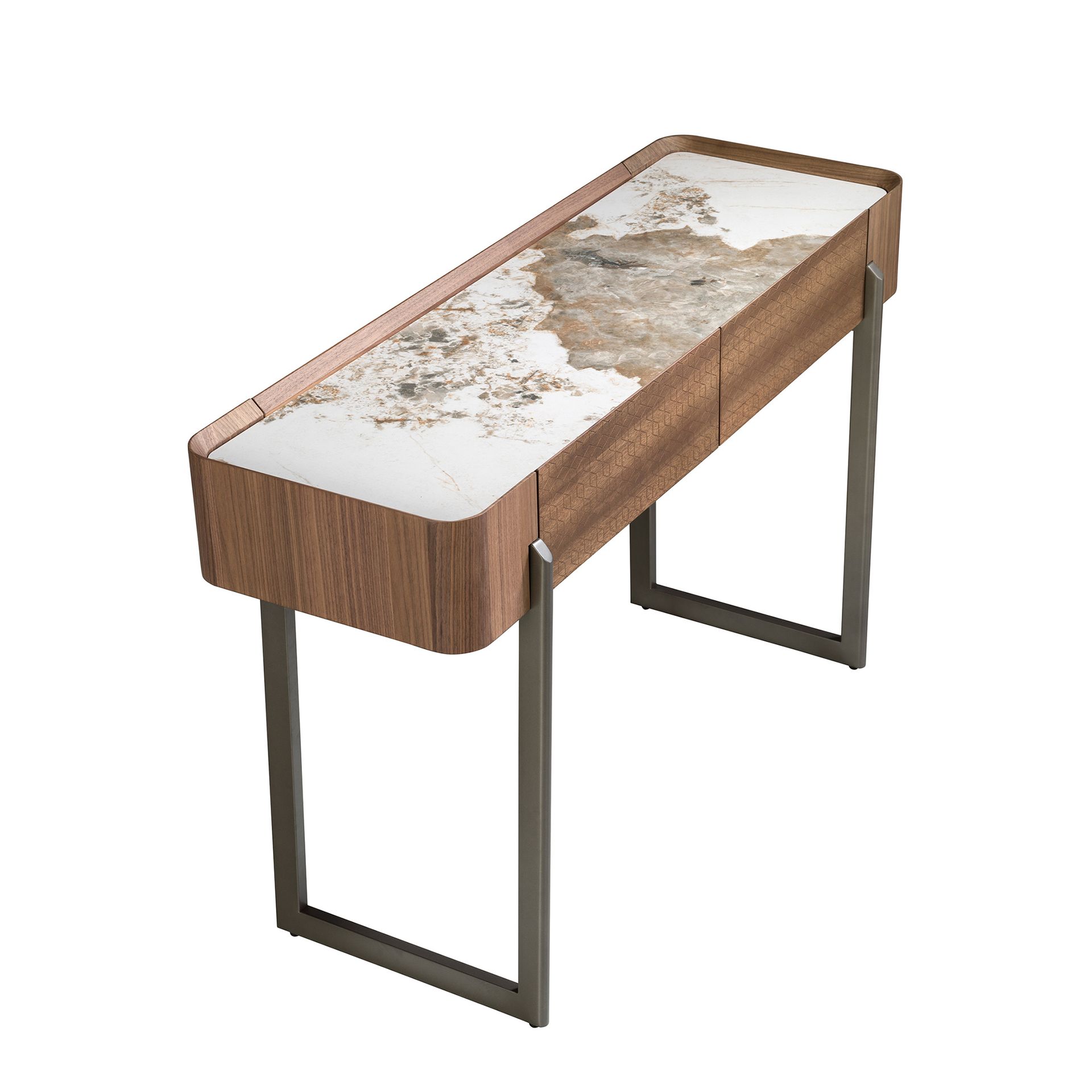 Consola rectangular mármol porcelánico, nogal y acero visón metal - Imagen 6