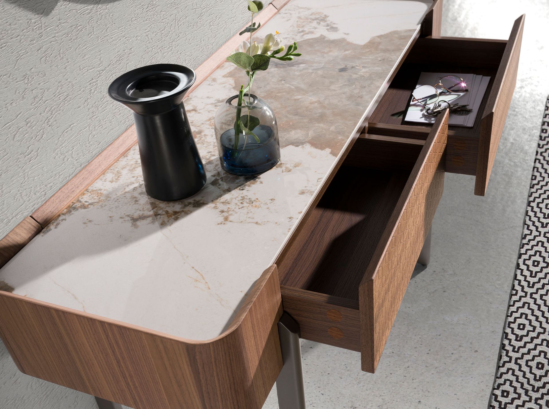 Consola rectangular mármol porcelánico, nogal y acero visón metal - Imagen 7