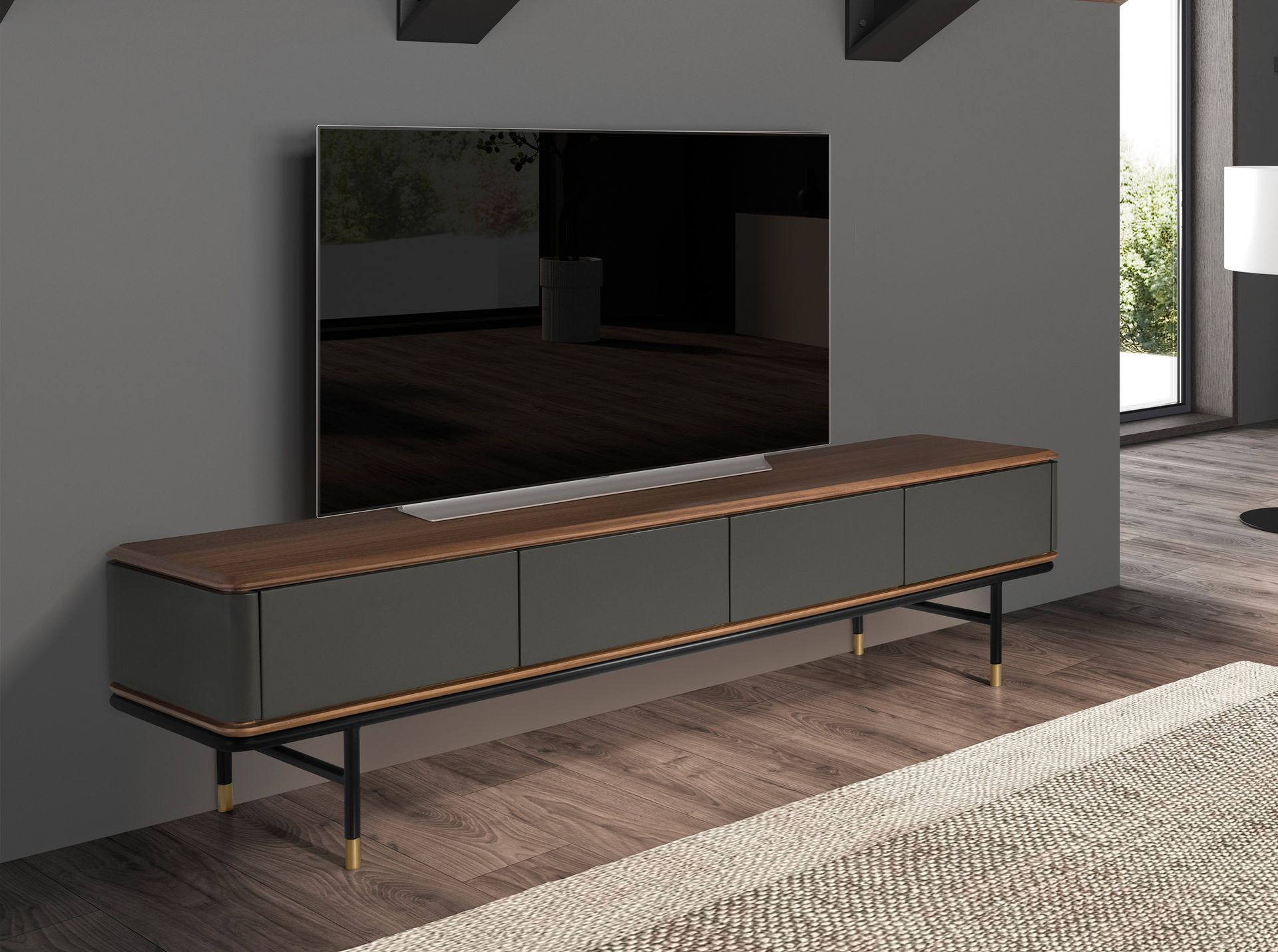 Mueble TV madera gris oscuro, acero negro y tapa de nogal - Imagen 3