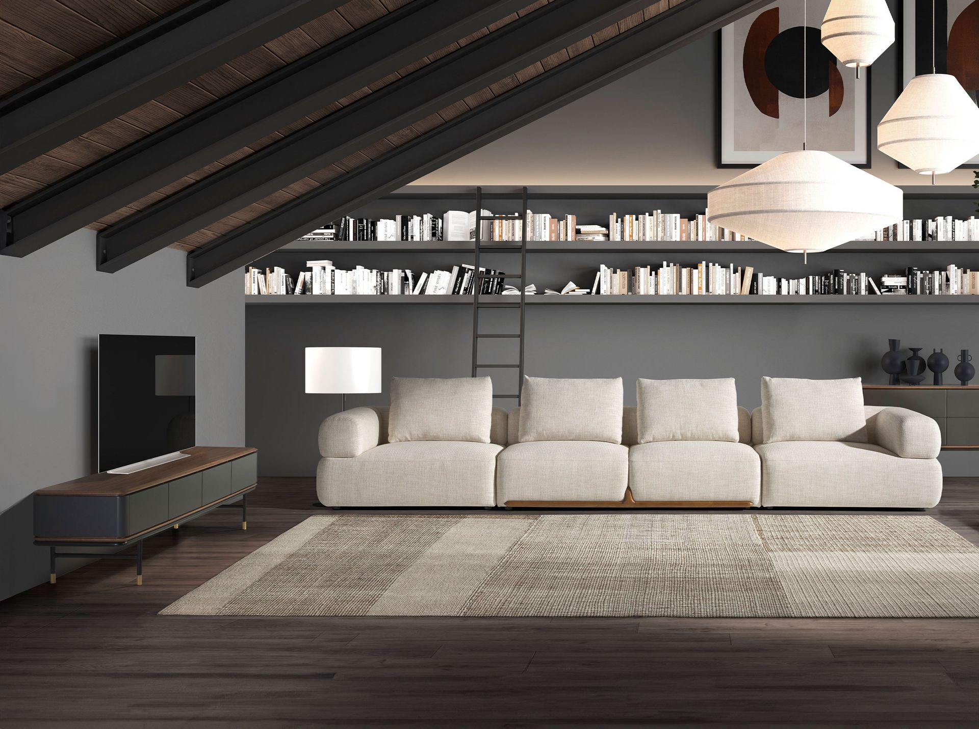 Mueble TV madera gris oscuro, acero negro y tapa de nogal - Imagen 4