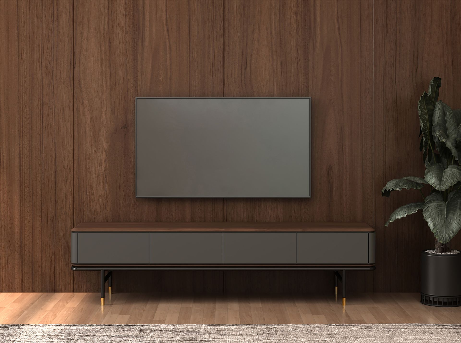 Mueble TV madera gris oscuro, acero negro y tapa de nogal - Imagen 5