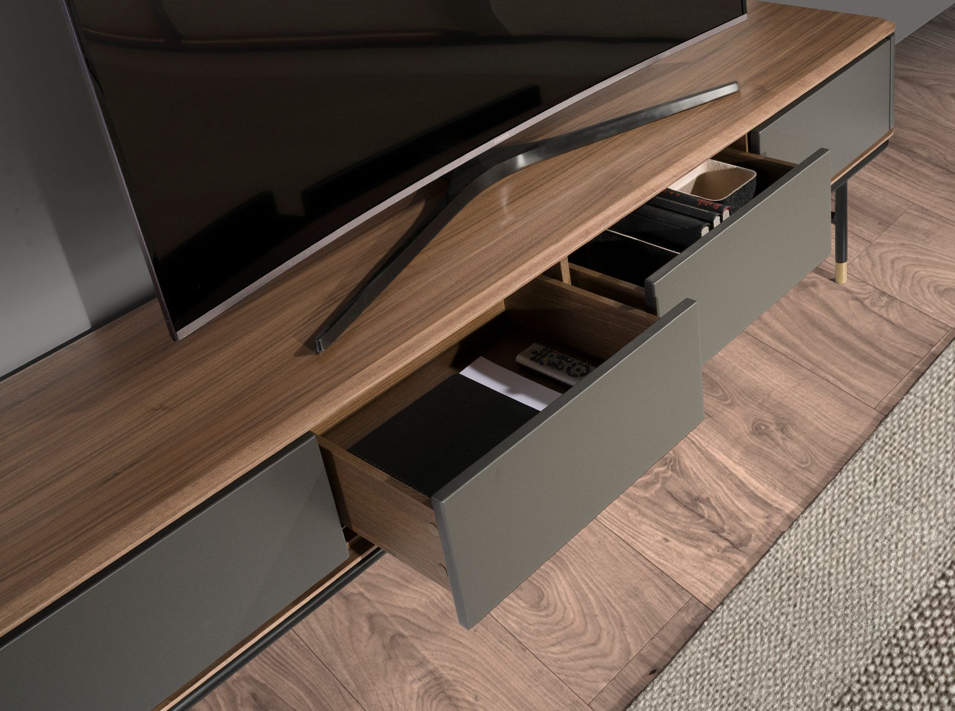 Mueble TV madera gris oscuro, acero negro y tapa de nogal - Imagen 7