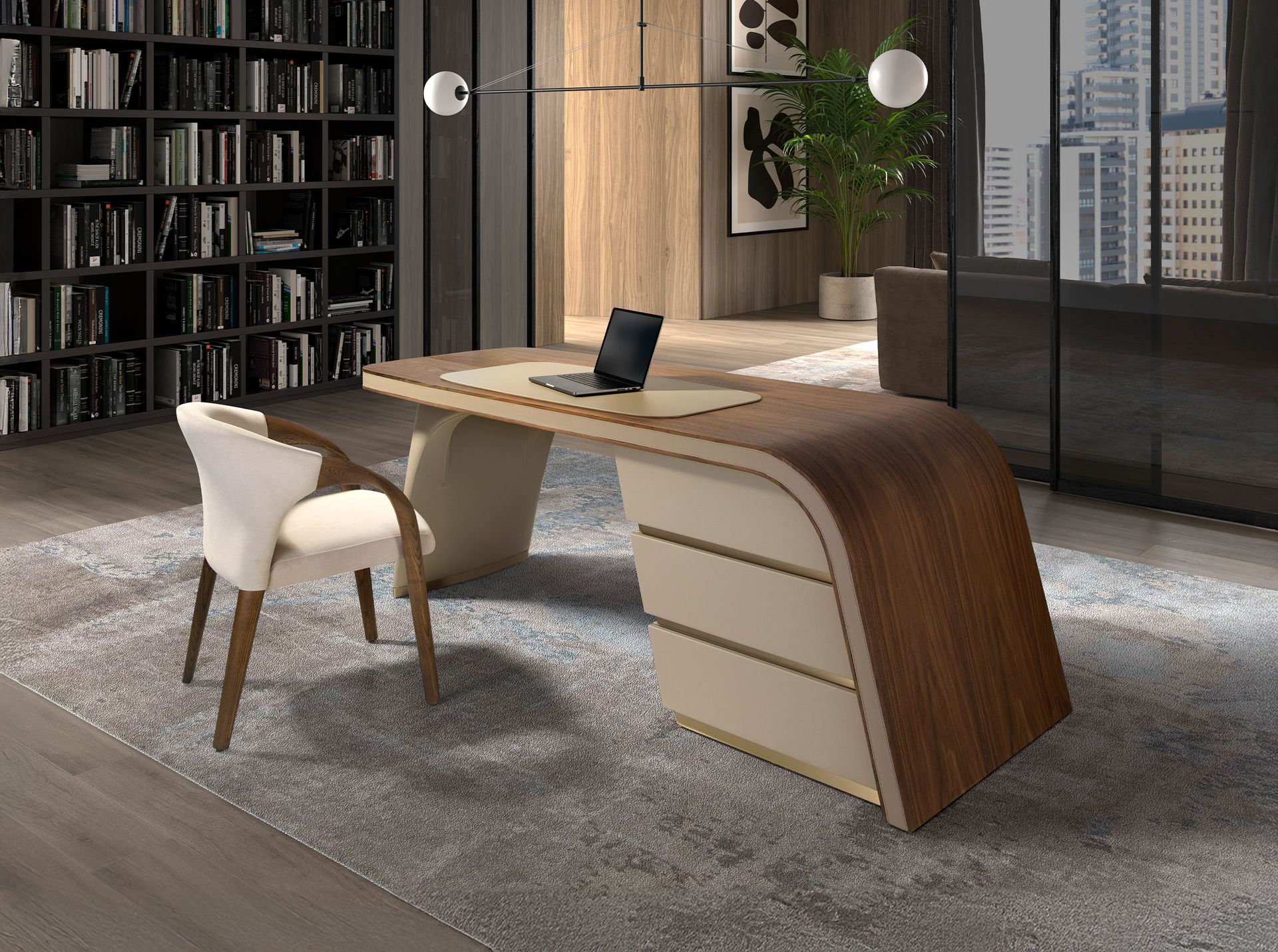 Escritorio en nogal y madera tapizada en polipiel crema - Imagen 3