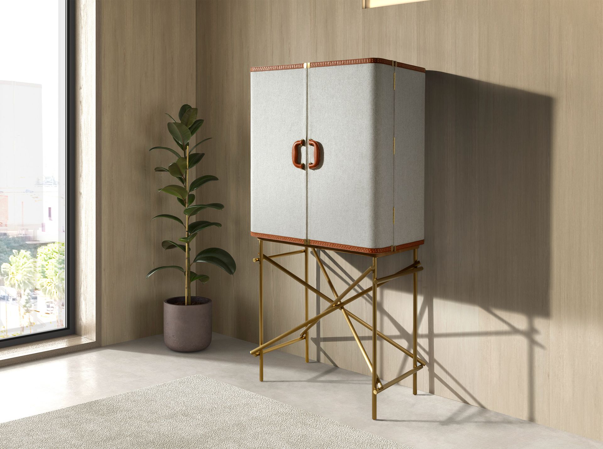 Aparador alto tela, nogal y acero pulido dorado - Imagen 3