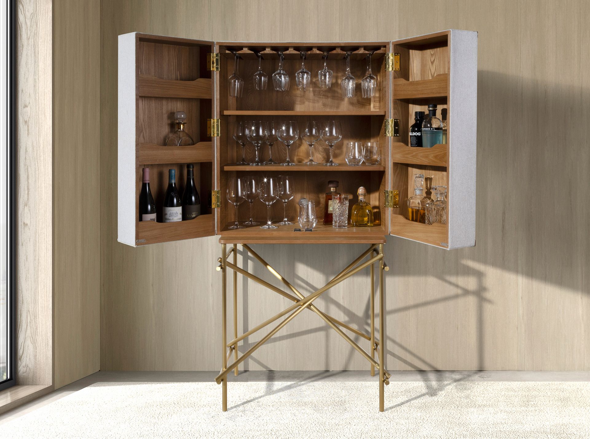 Aparador alto tela, nogal y acero pulido dorado - Imagen 4