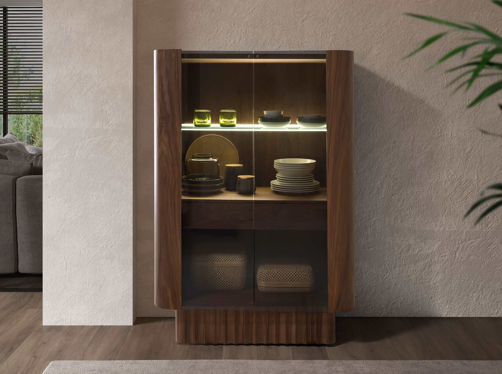 Aparador alto cristal templado, nogal con iluminación interior - Imagen 3