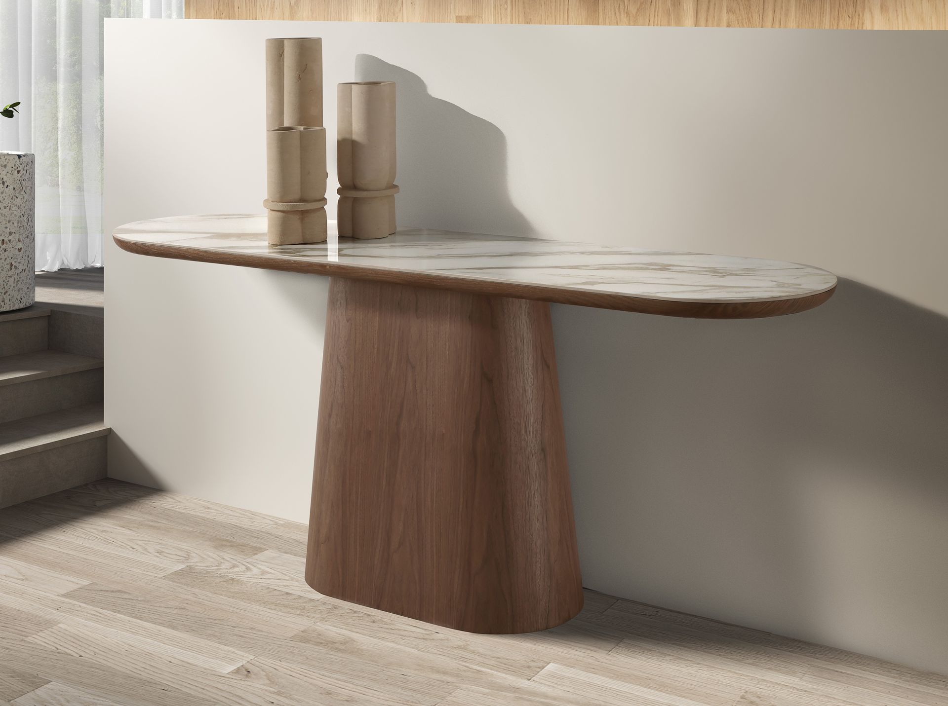 Consola ovalada medio punto mármol porcelánico y nogal - Imagen 3