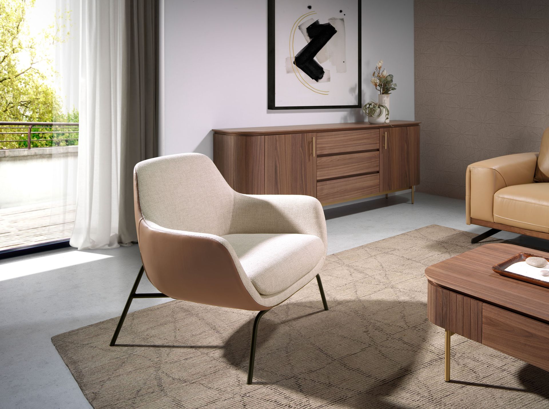 Sillón tela crema y polipiel marrón - Imagen 3