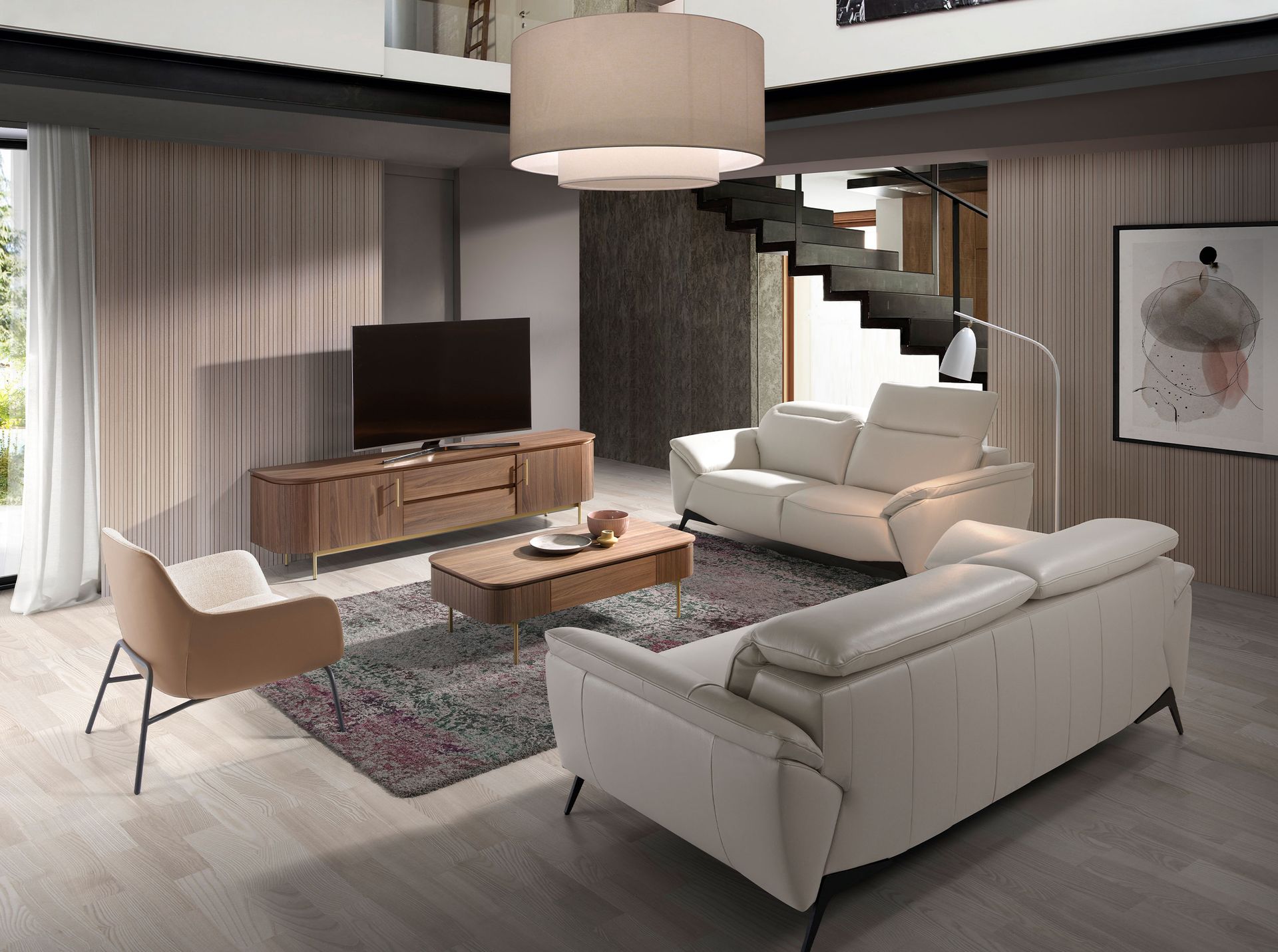 Sillón tela crema y polipiel marrón - Imagen 4