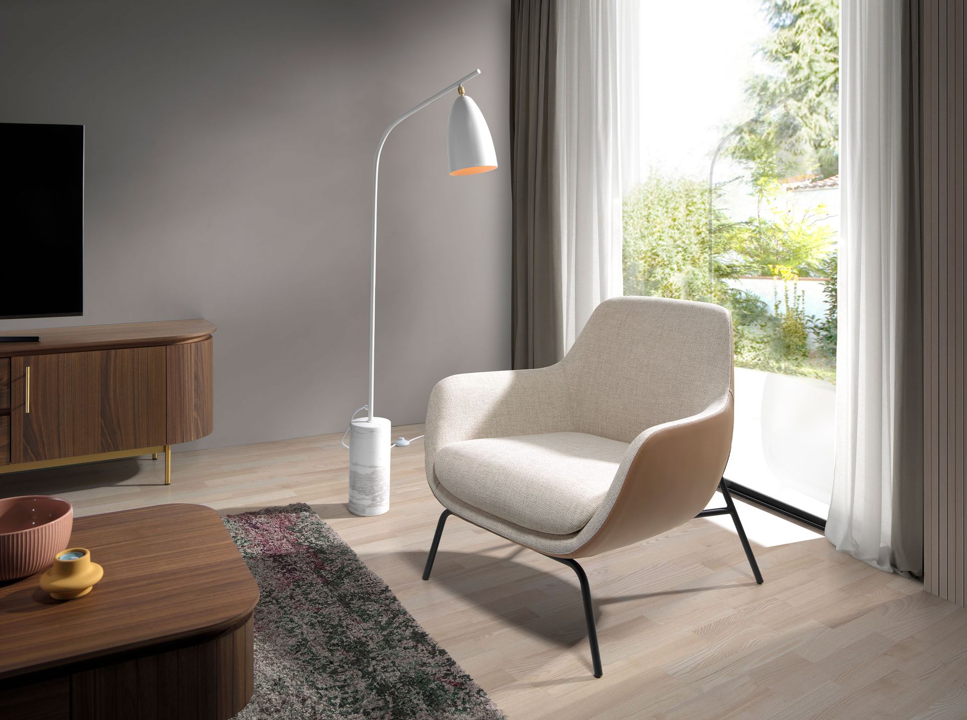 Sillón tela crema y polipiel marrón - Imagen 5