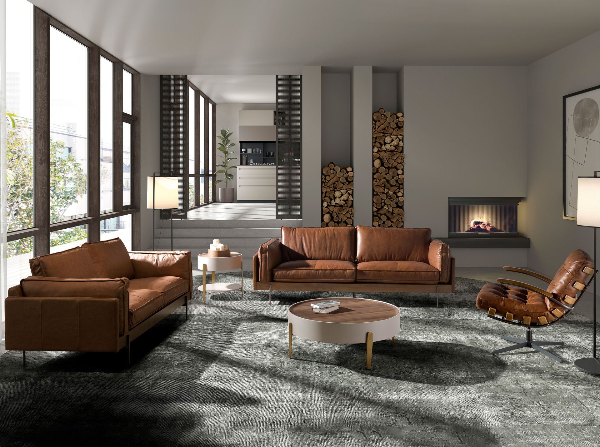 Sillón giratorio piel marrón oscuro y nogal - Imagen 4