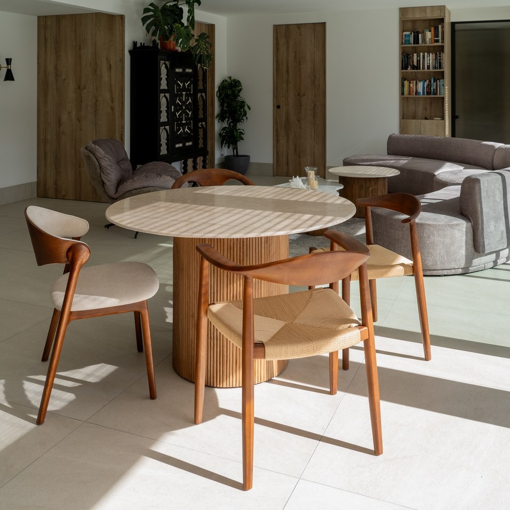 MESA COMEDOR NATURAL-CREMA MÁRMOL/MADERA 120 X 120 X 74 CM