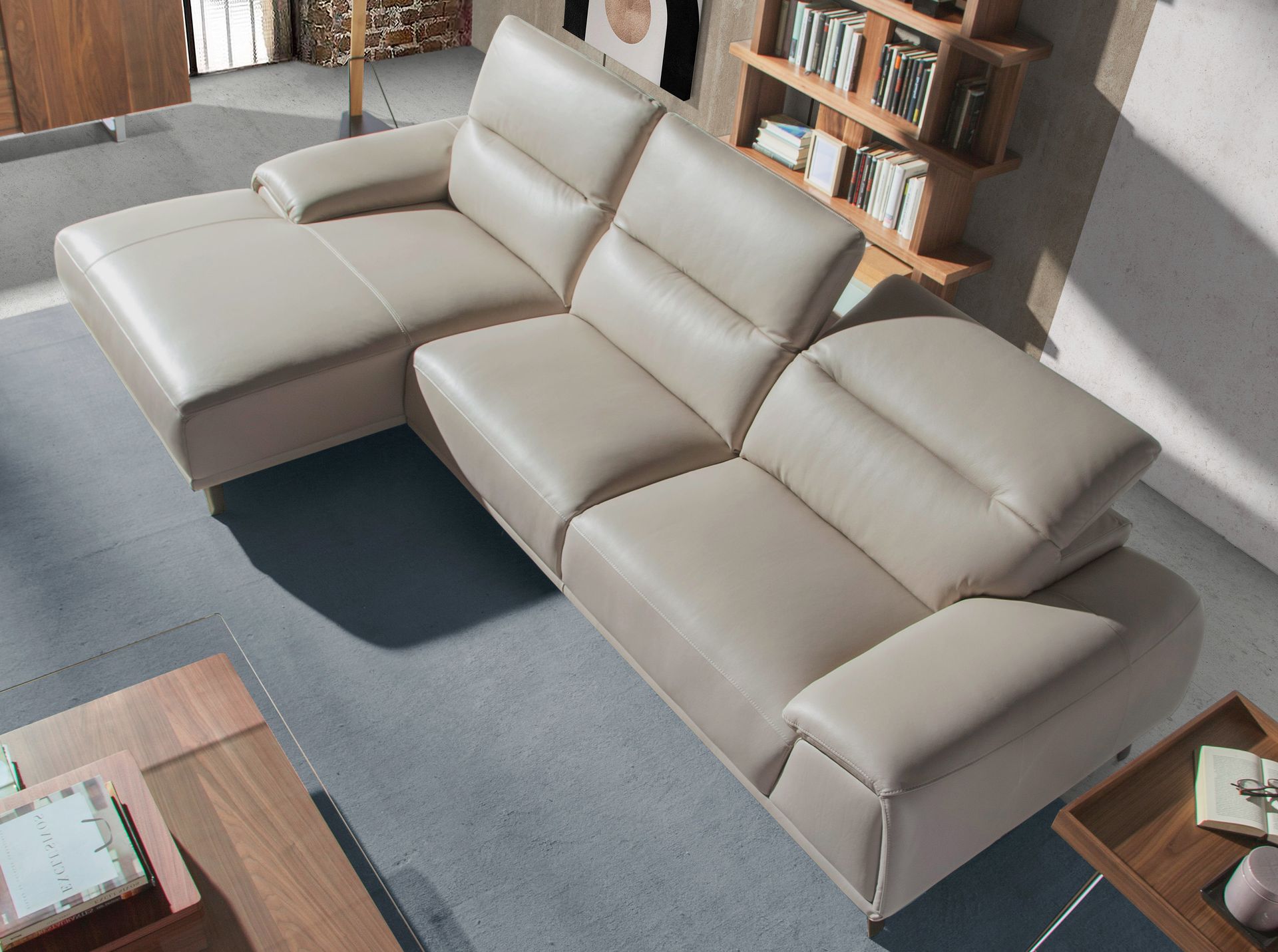 Sofá chaise longue izquierda piel gris taupe - Imagen 5