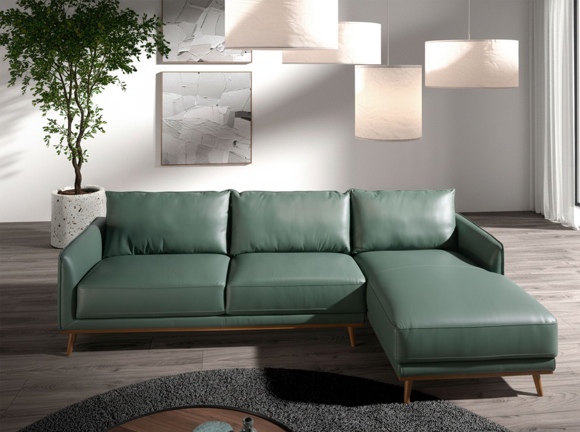 Sofá chaise longue derecha piel verde - Imagen 5