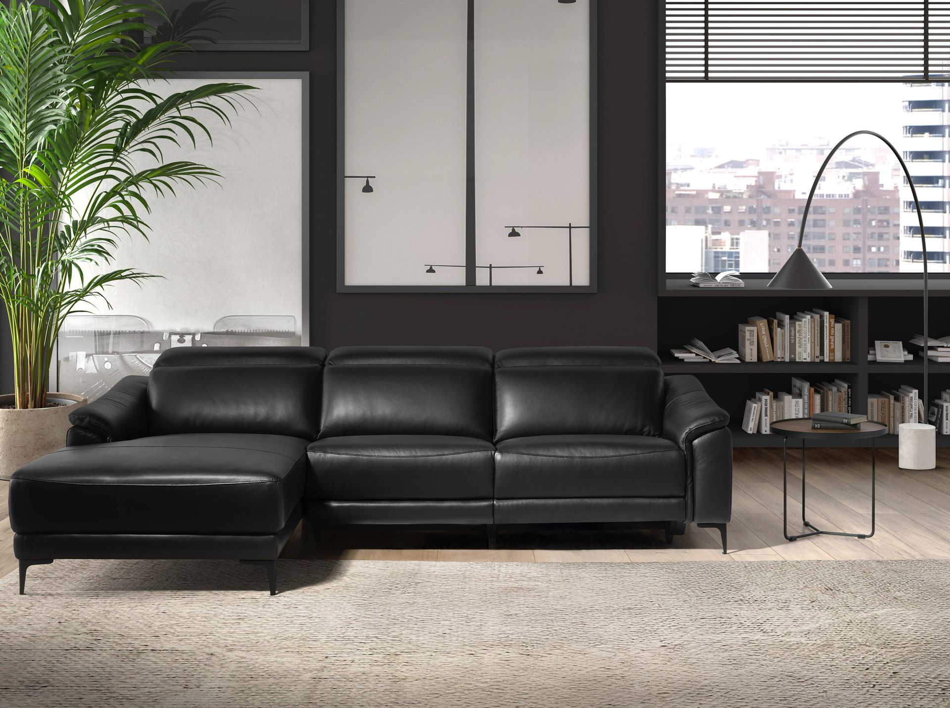 Sofá chaise longue relax izquierda piel negro - Imagen 3