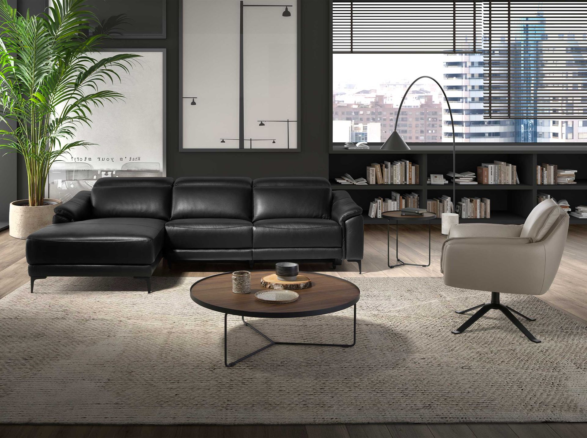 Sofá chaise longue relax izquierda piel negro - Imagen 4