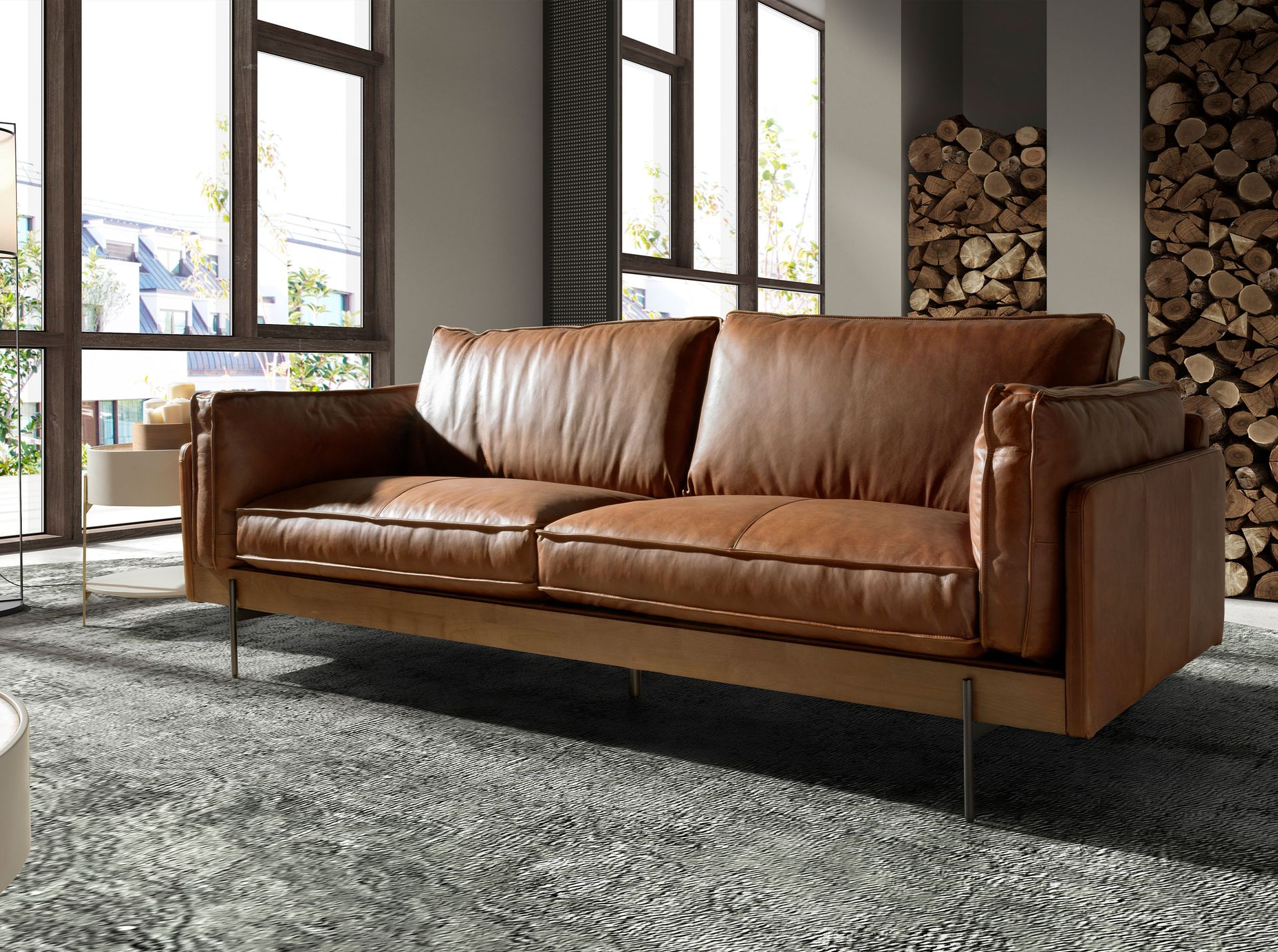 Sofá 3 plazas piel marrón tabaco - Imagen 3