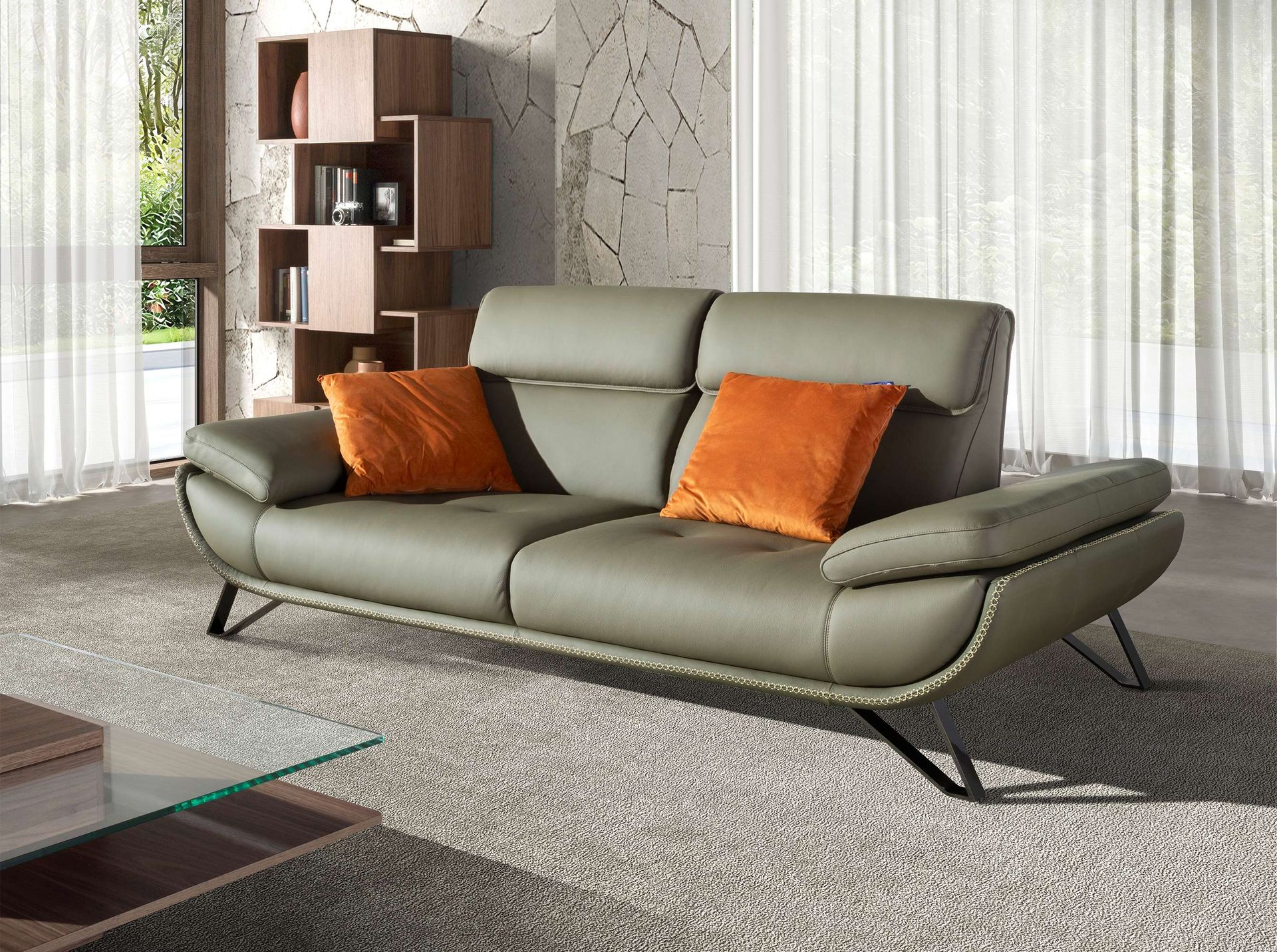 Sofá 3 plazas piel verde oliva - Imagen 3