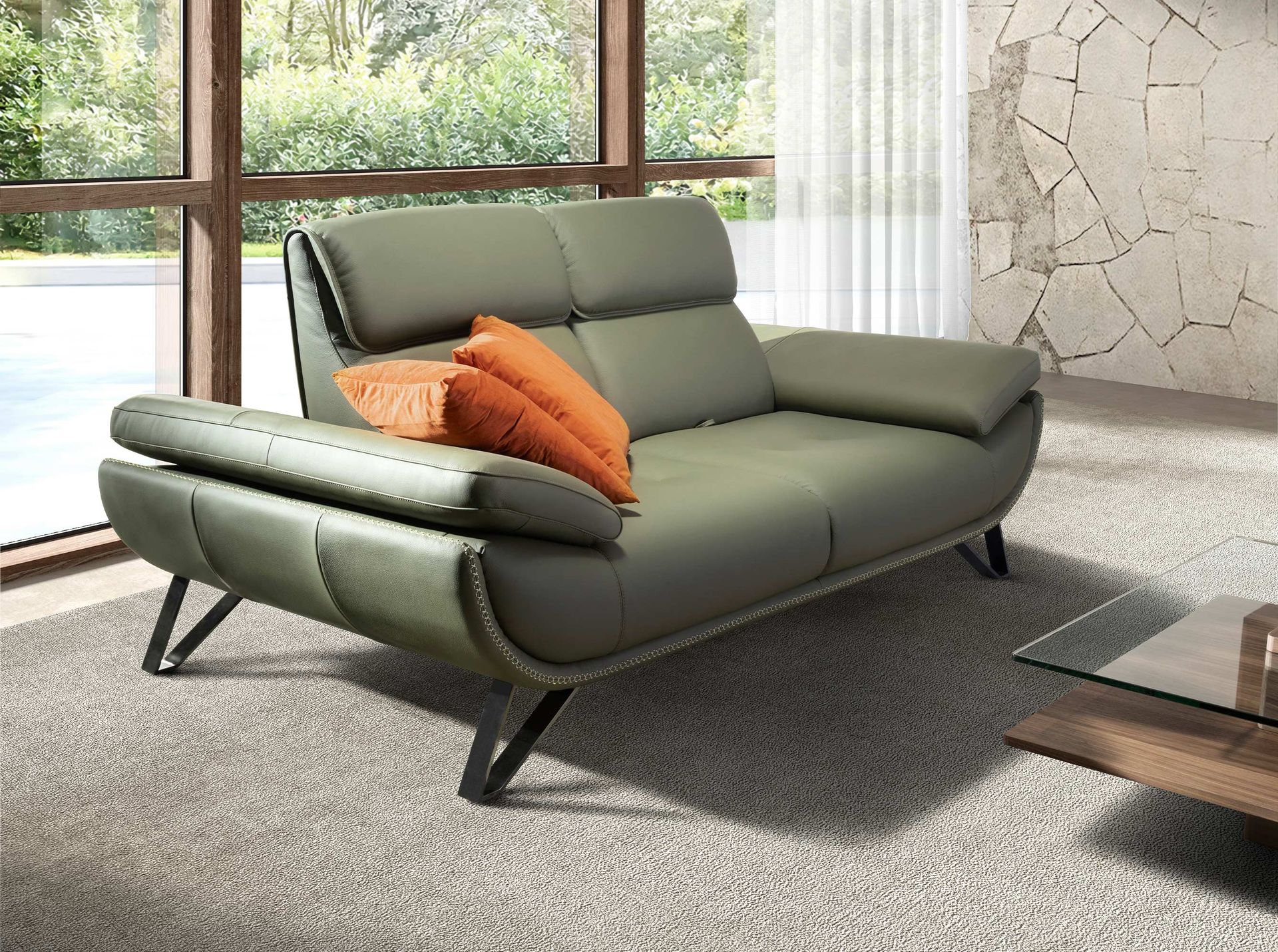 Sofá 2 plazas piel verde oliva - Imagen 3