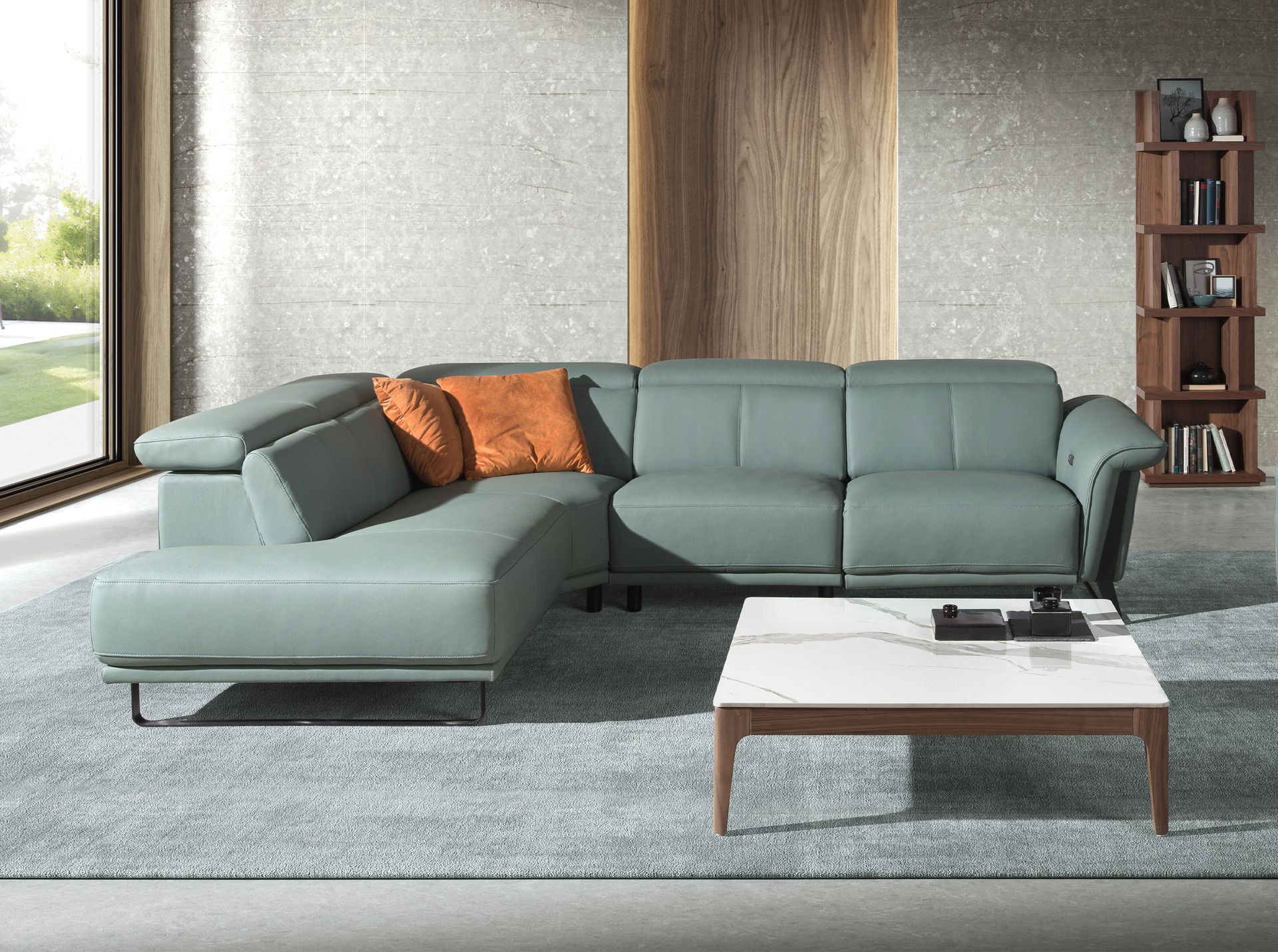 Sofá chaise longue relax izquierda piel verde turquesa - Imagen 3