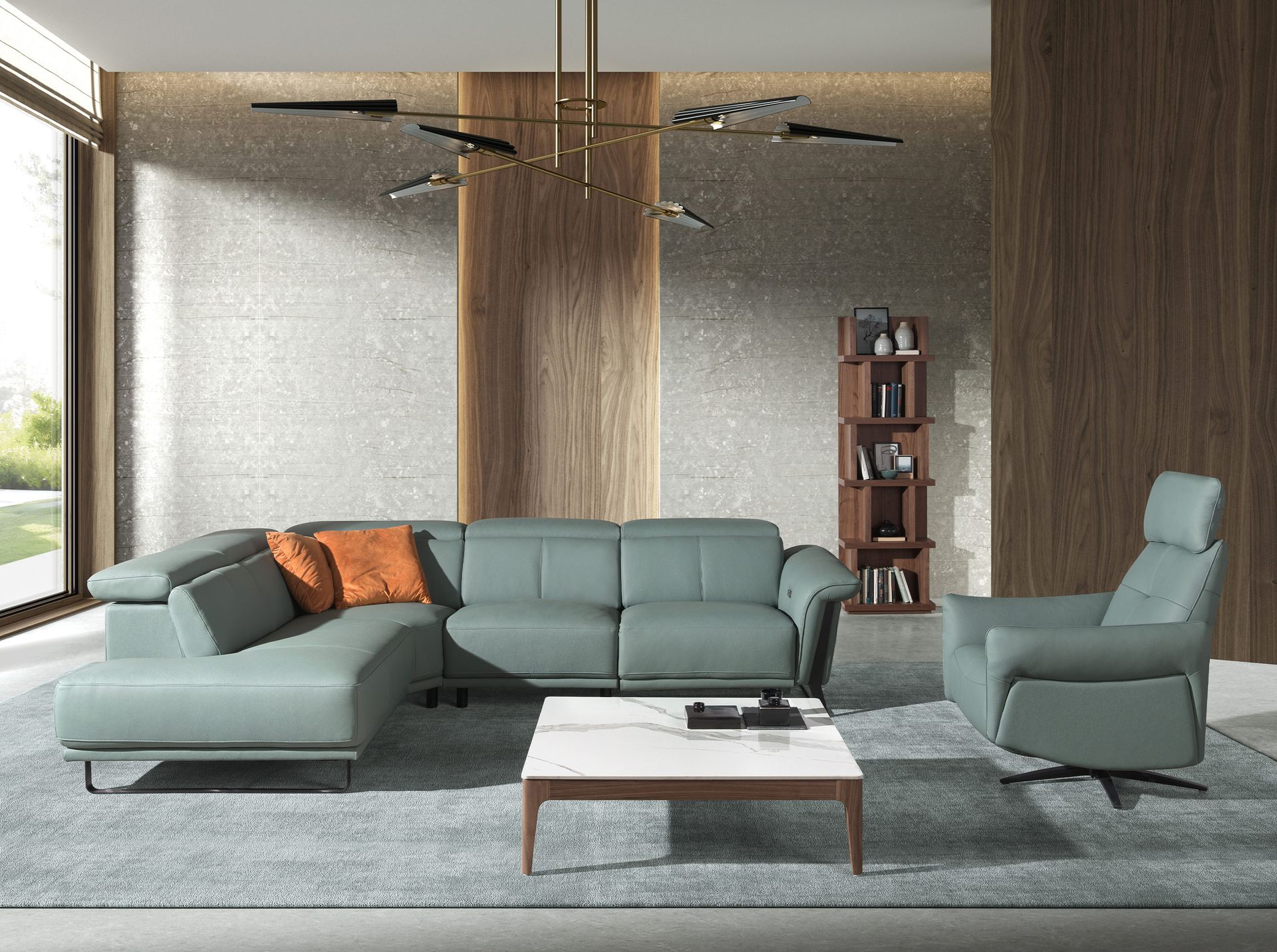 Sofá chaise longue relax izquierda piel verde turquesa - Imagen 4