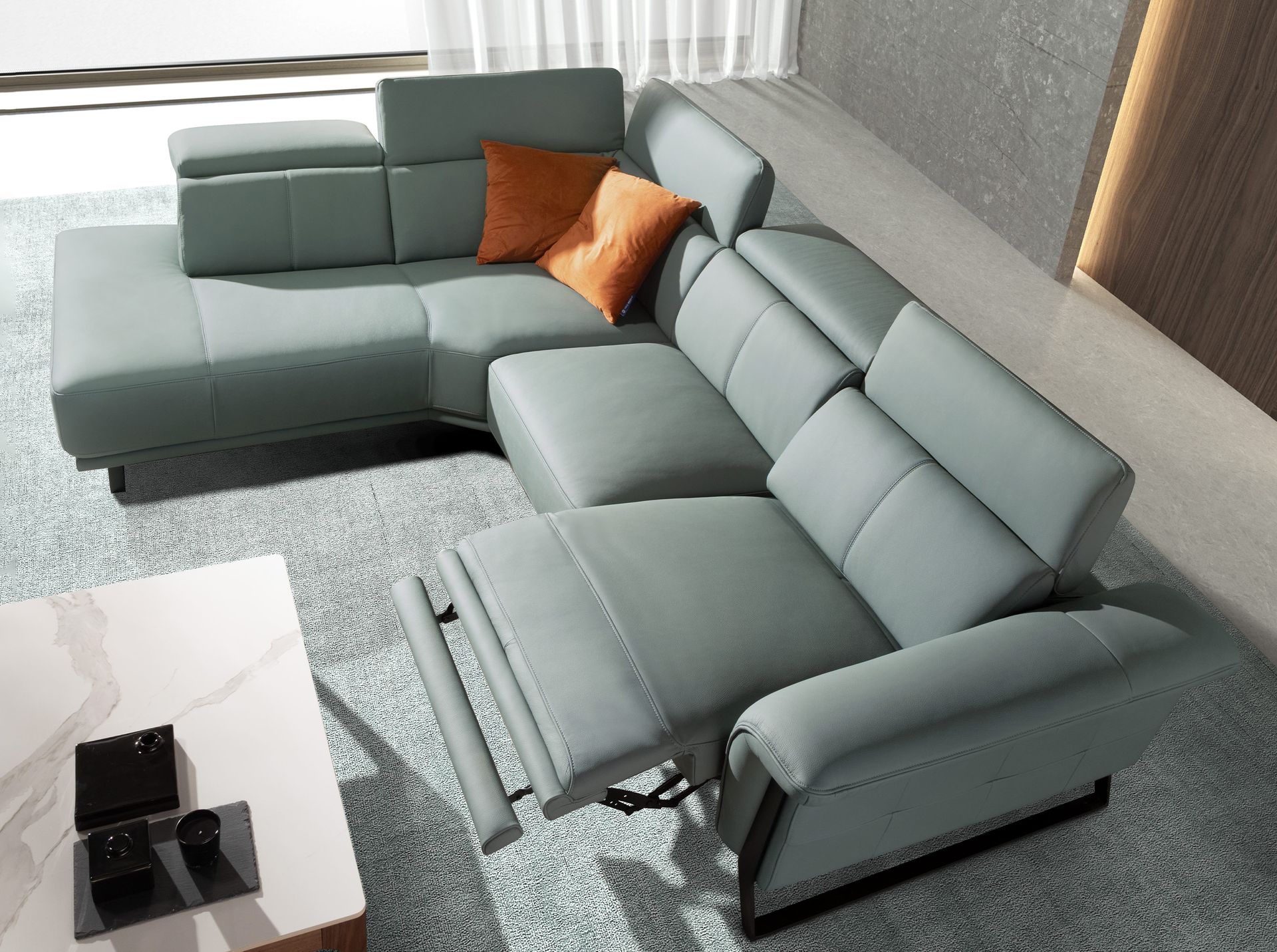 Sofá chaise longue relax izquierda piel verde turquesa - Imagen 5