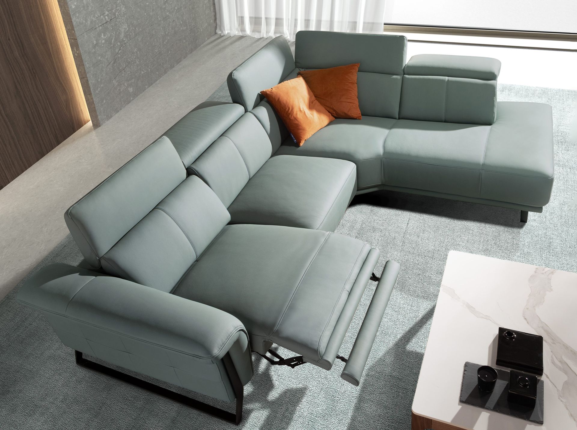 Sofá chaise longue relax derecha piel verde turquesa - Imagen 5