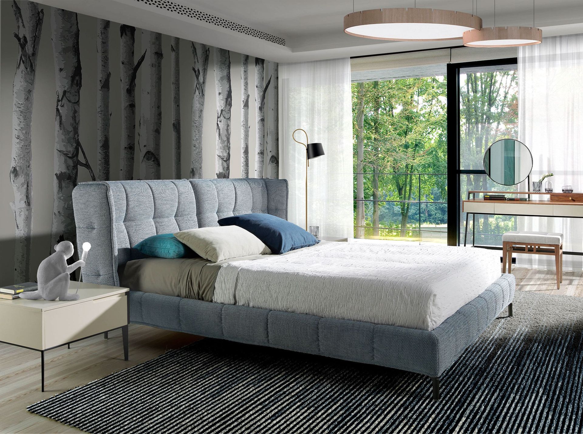 Cama capitoné tela color azul y blanco - Imagen 3