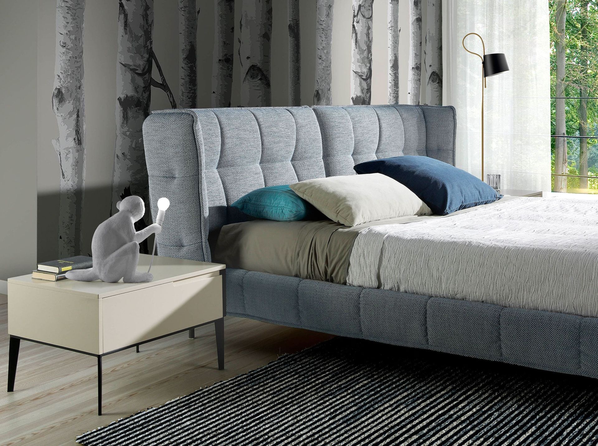 Cama capitoné tela color azul y blanco - Imagen 4