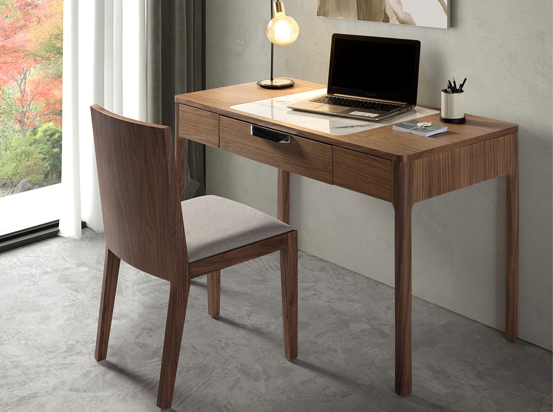 Escritorio tocador nogal con tapa de cristal imitación mármol - Imagen 5