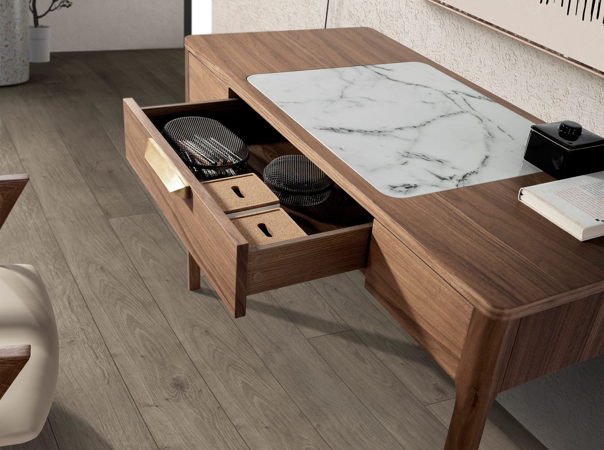 Escritorio tocador nogal con tapa de cristal imitación mármol - Imagen 6