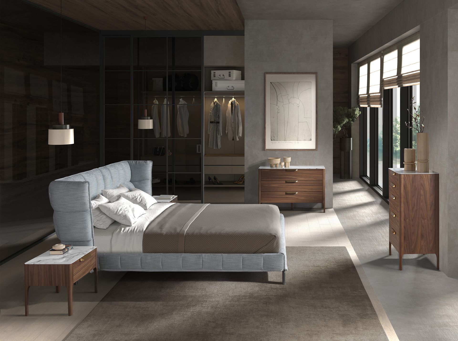 Cómoda nogal con tapa de cristal imitación mármol - Imagen 4