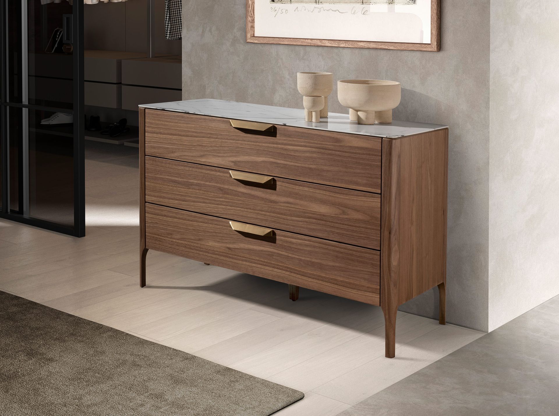 Cómoda nogal con tapa de cristal imitación mármol - Imagen 8