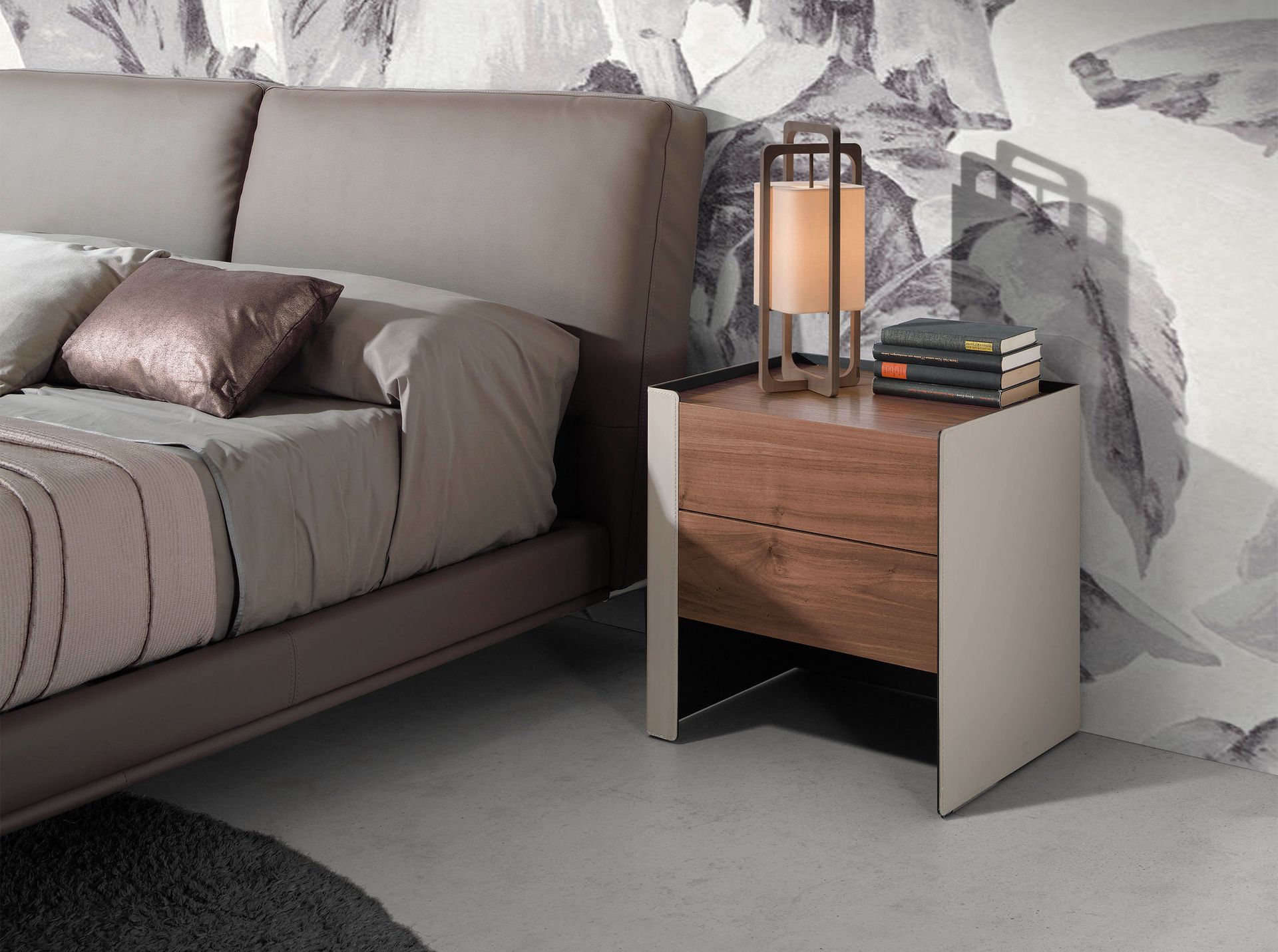 Mesita de noche polipiel, nogal y acero negro - Imagen 3