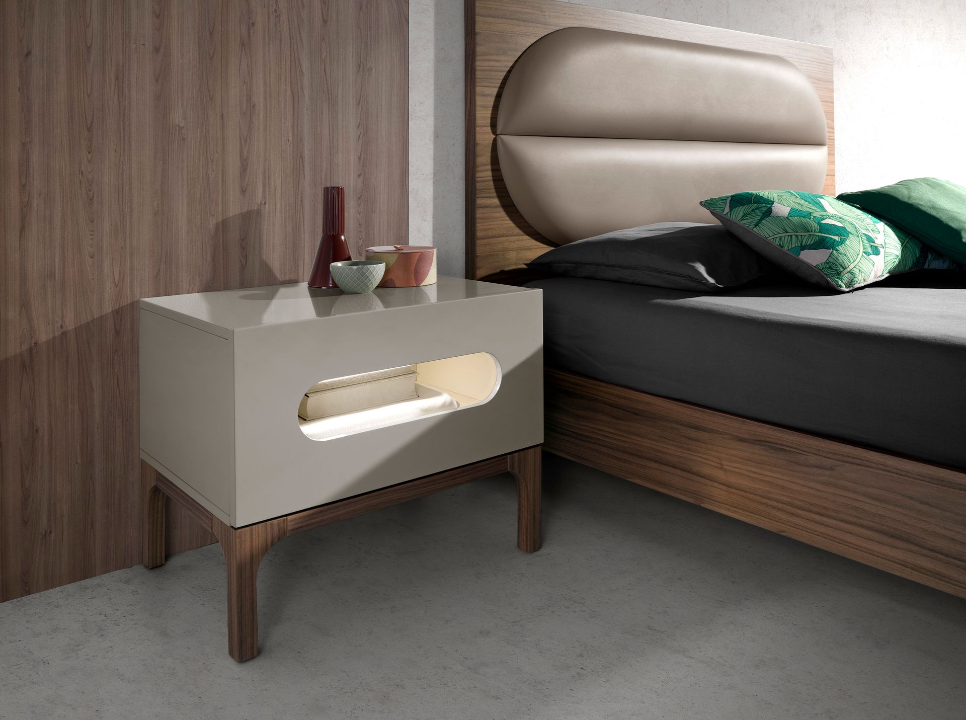Mesita de noche madera gris y nogal con iluminación interior - Imagen 3