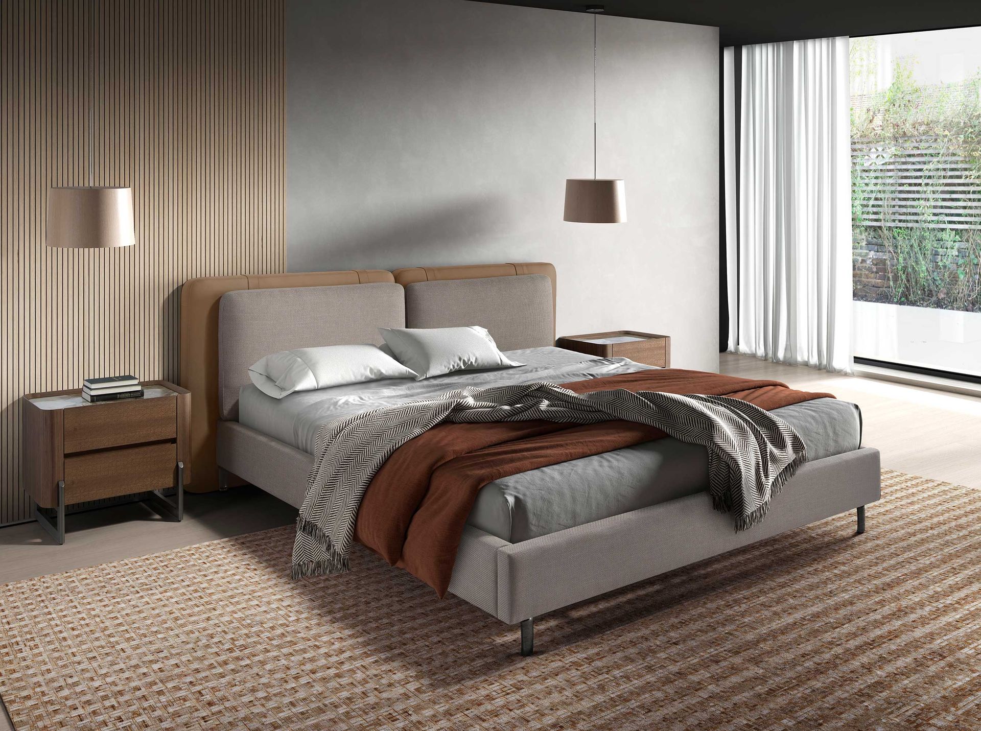 Cama polipiel color visón y tela color gris - Imagen 3