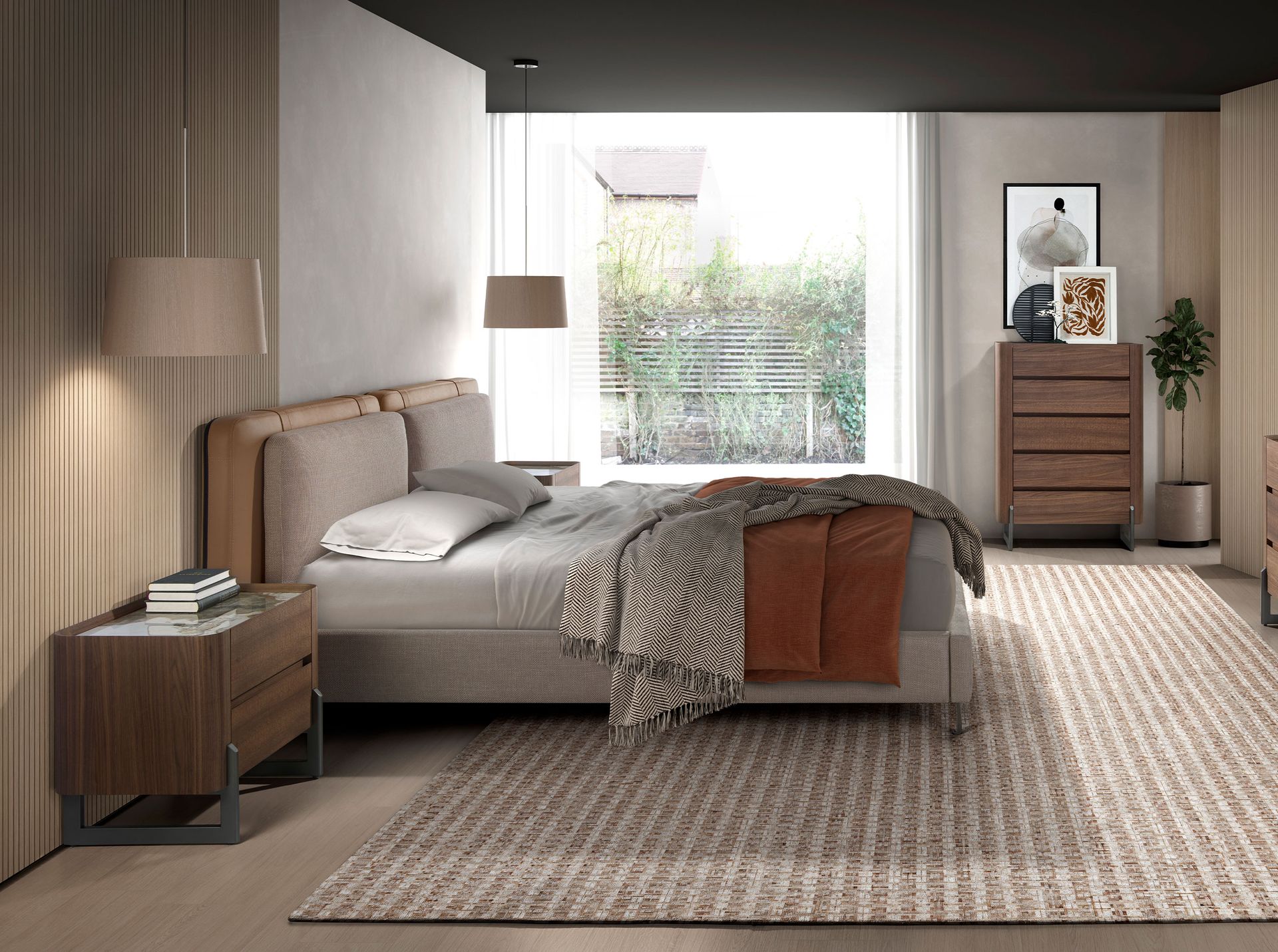 Cama polipiel color visón y tela color gris - Imagen 4