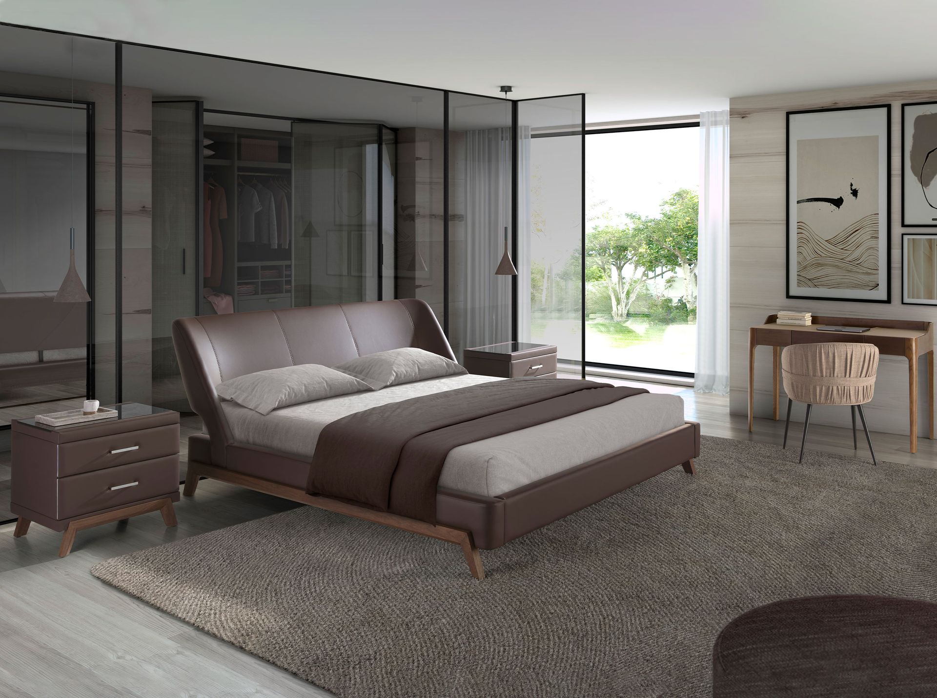 Mesita de noche polipiel y nogal con tapa de cristal negro - Imagen 4