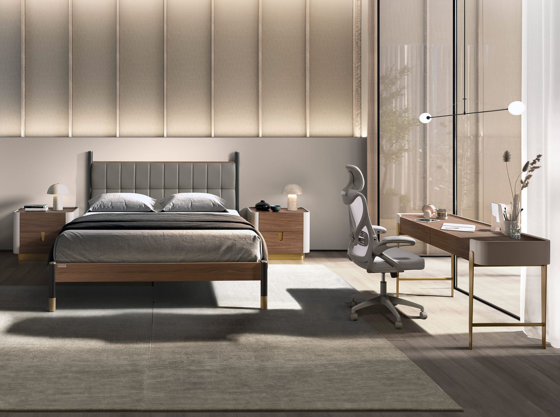 Escritorio nogal, beige y acero pulido dorado - Imagen 4