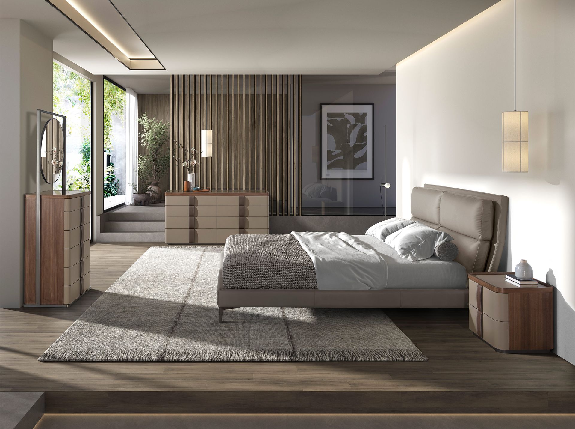 Cómoda polipiel, nogal, base acero pulido y tapa de cristal fumé marrón - Imagen 4