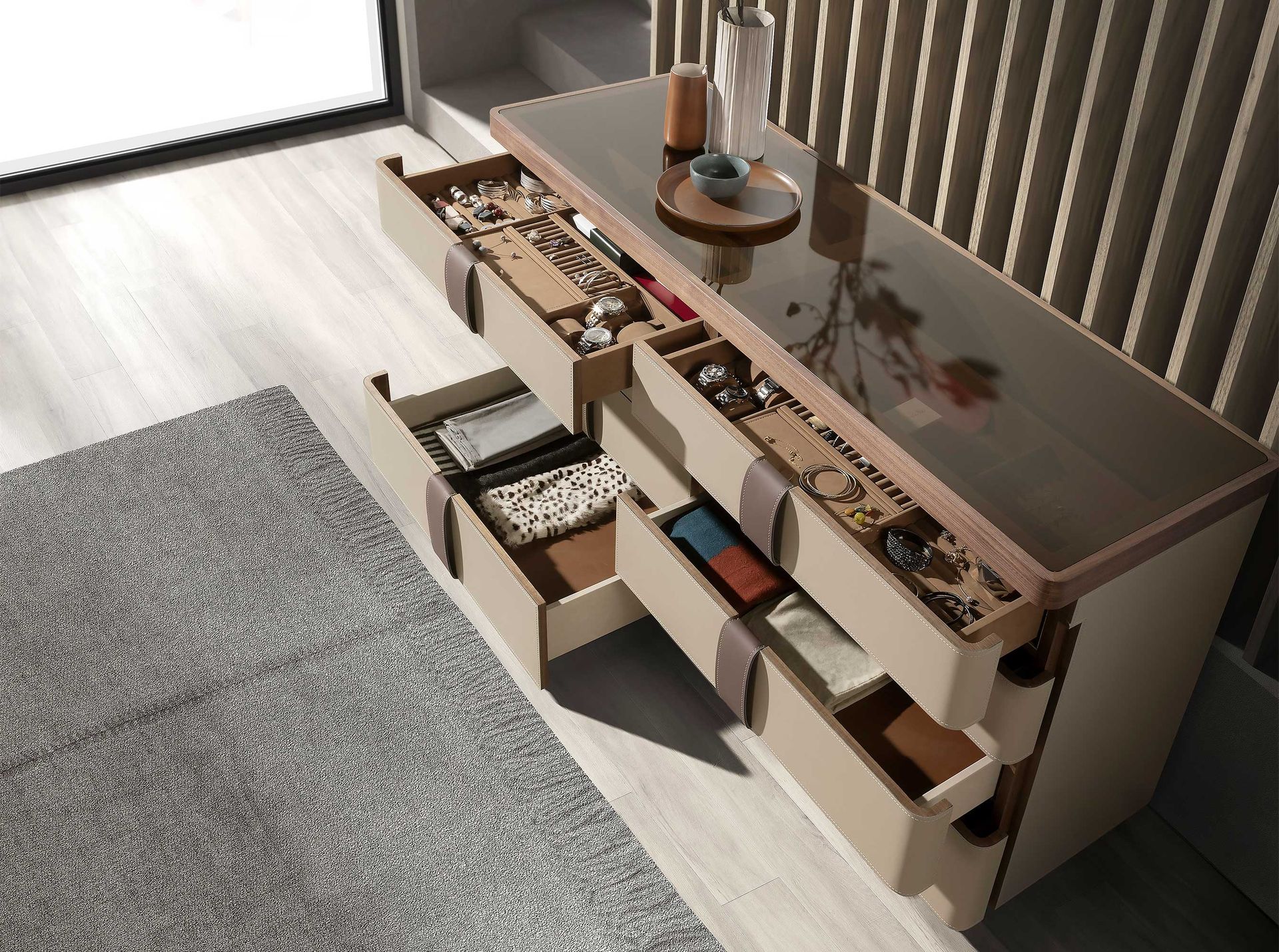 Cómoda polipiel, nogal, base acero pulido y tapa de cristal fumé marrón - Imagen 5