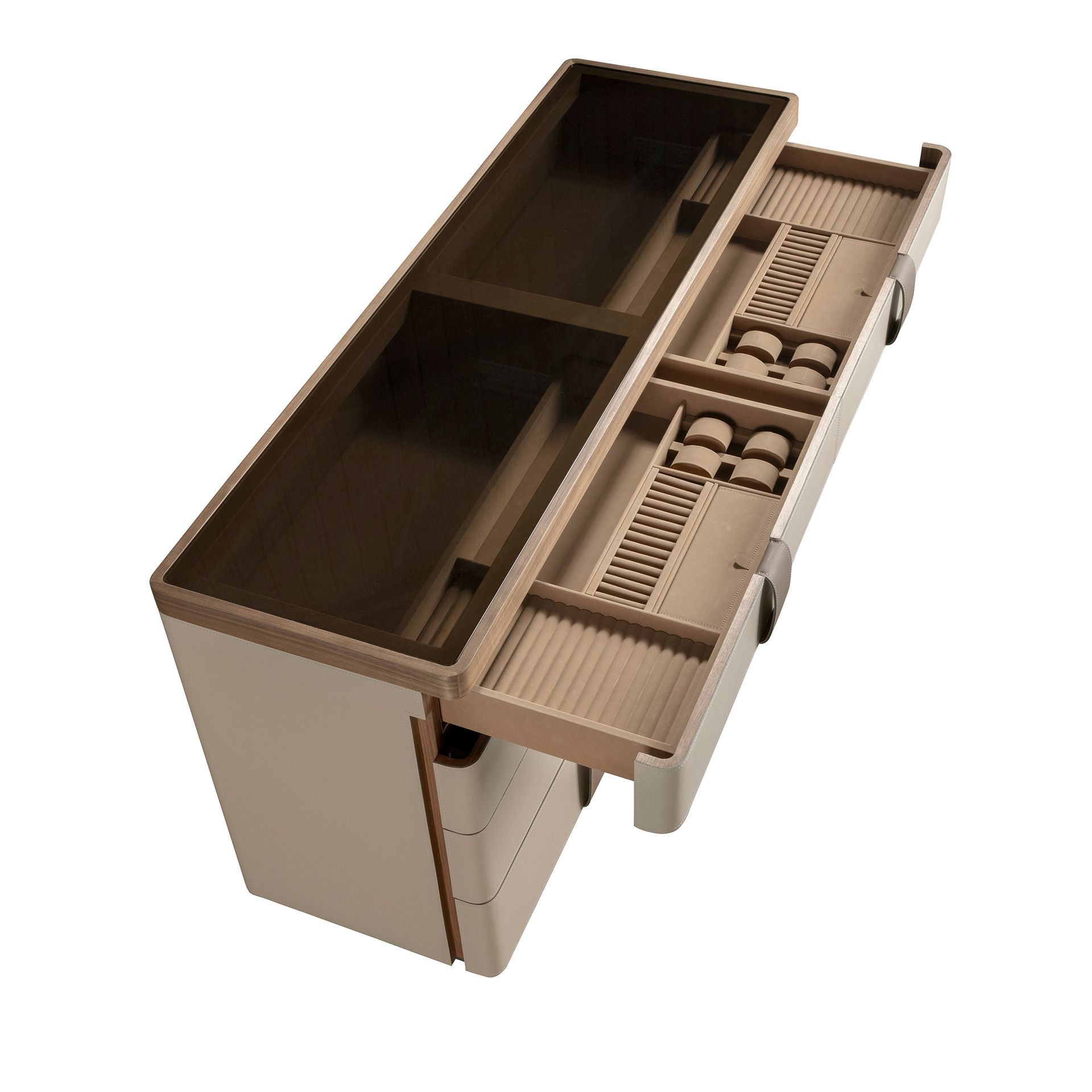 Cómoda polipiel, nogal, base acero pulido y tapa de cristal fumé marrón - Imagen 6